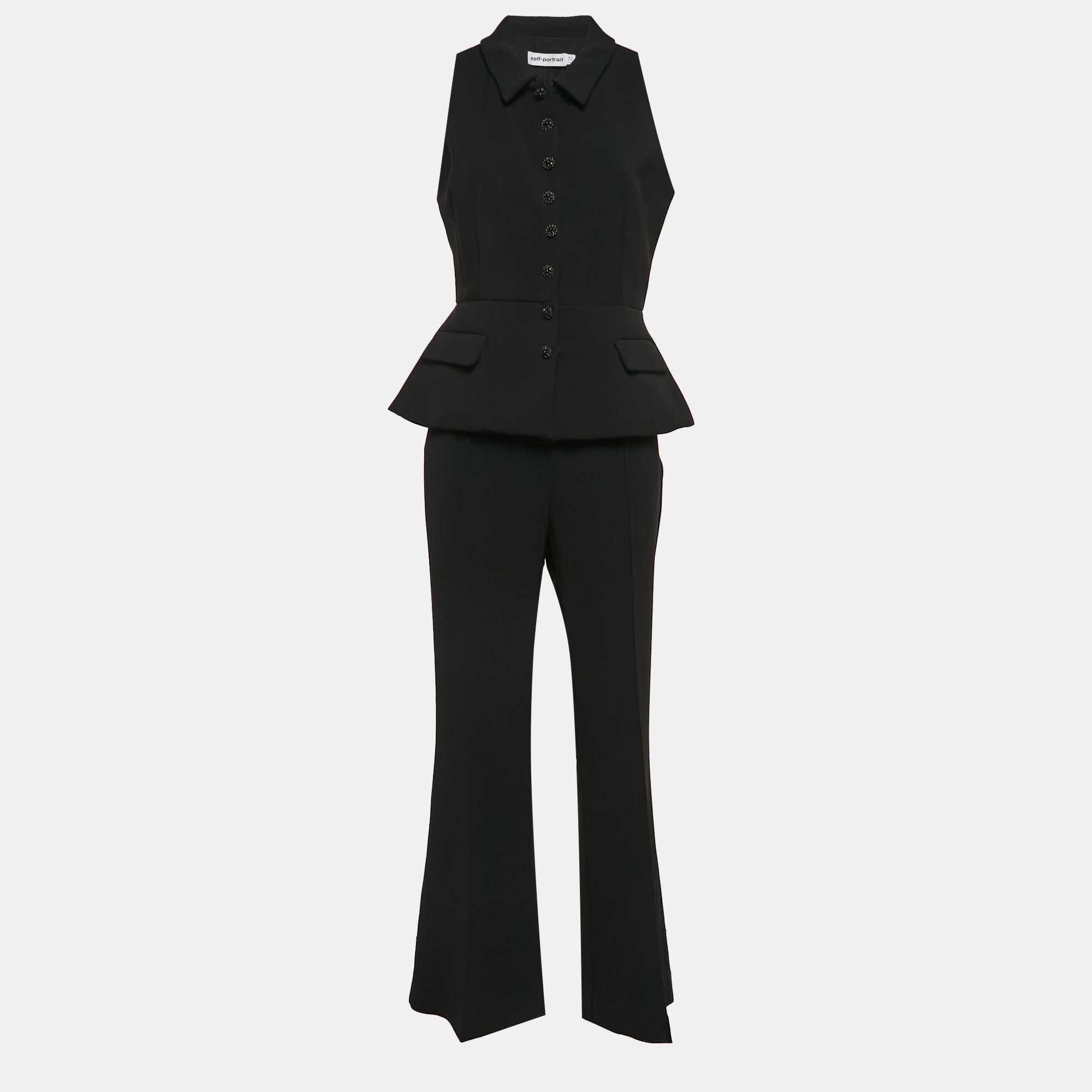Pre Owned Self-Portrait Black Crepe Button Detail Pants Suit M