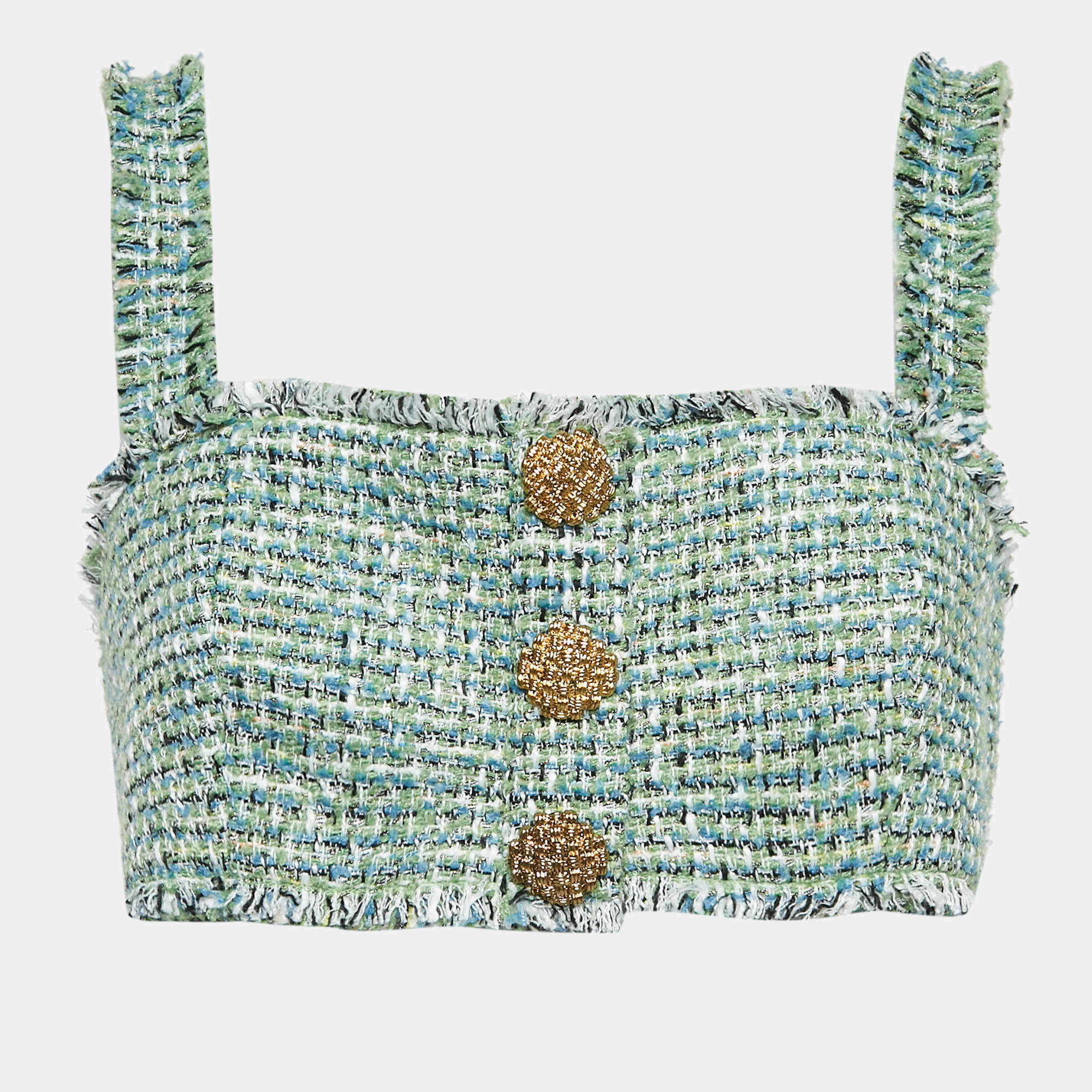 Pre Owned Self-Portrait Green Tweed Sleeveless Fray Detail Cropped Top M