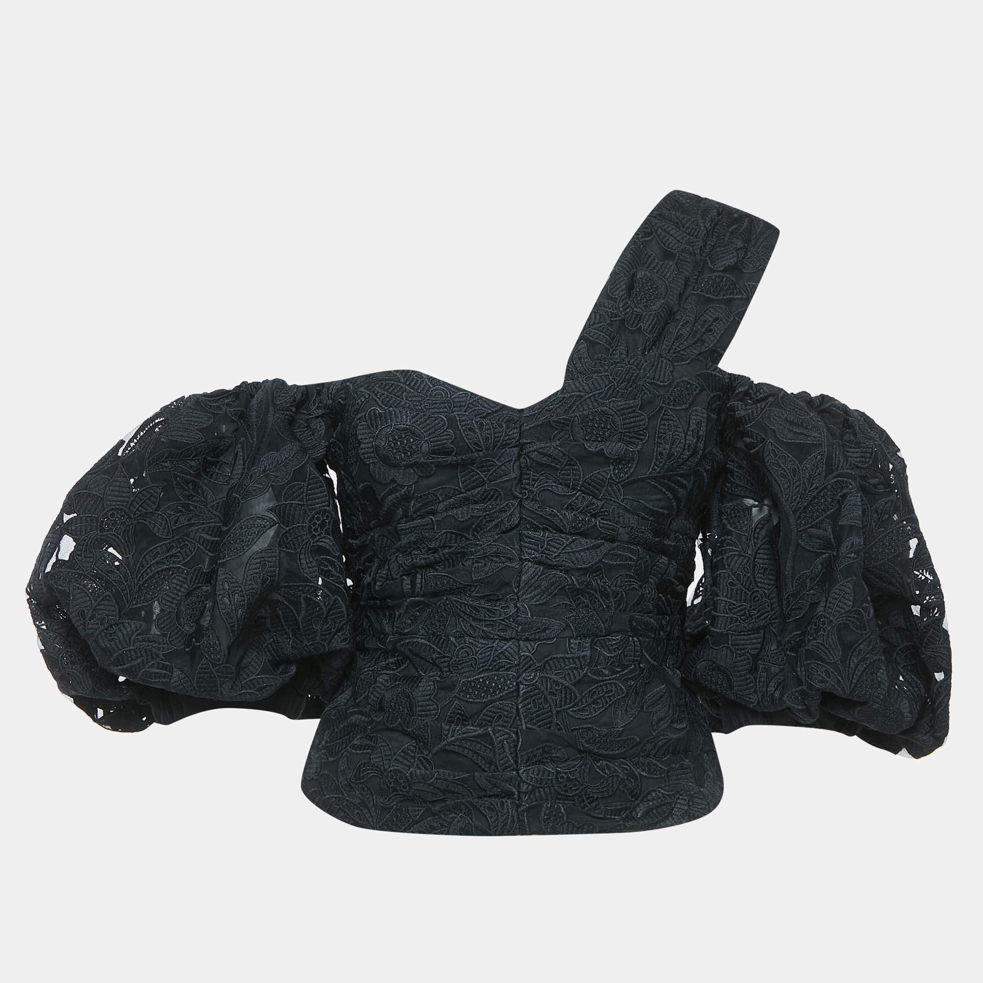 Pre Owned Self-Portrait Black Leaf Guipure Lace Asymmetric Top S