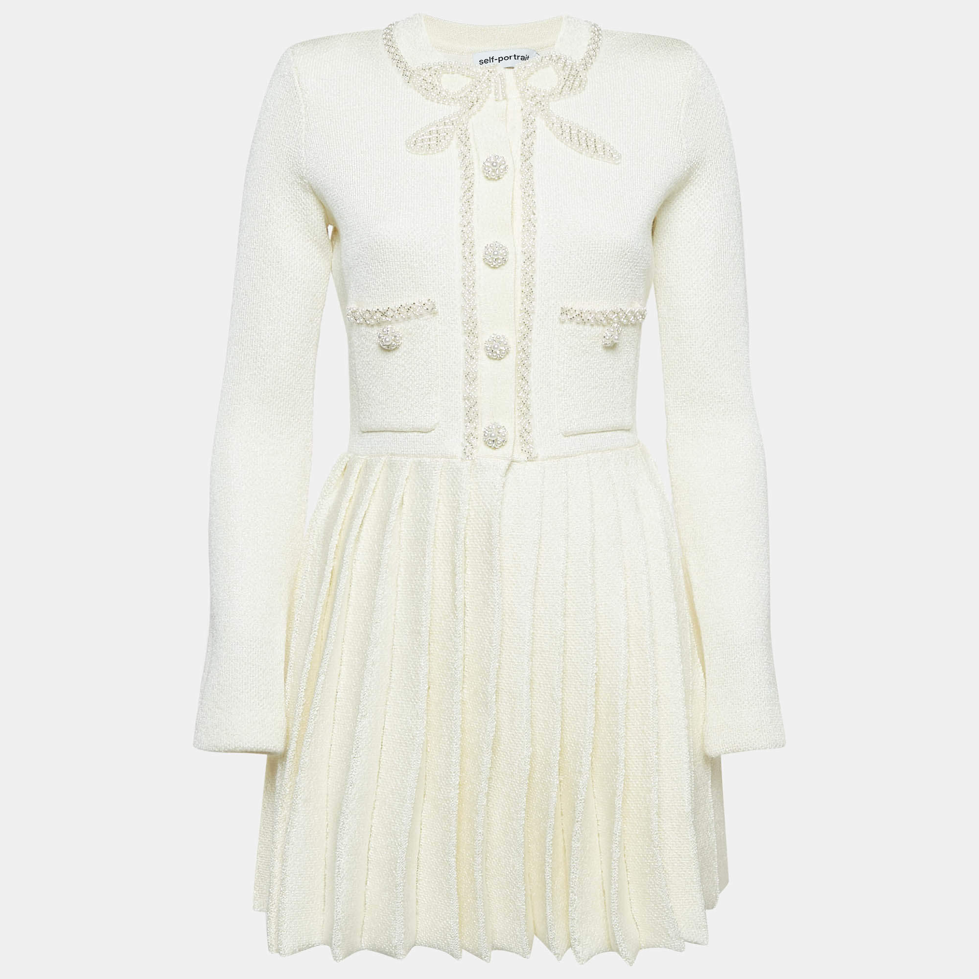 Pre Owned Self-Portrait Cream Knit Bow Embellishment Detail Pleated Mini Dress M