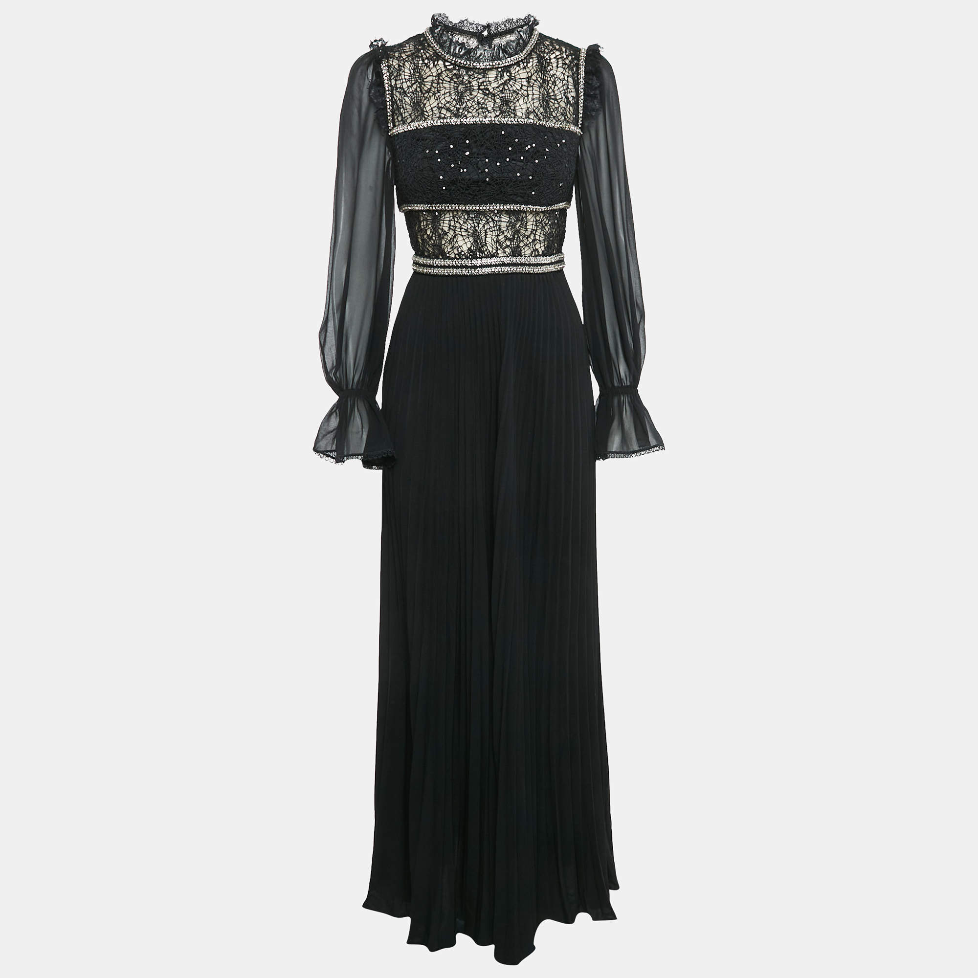 مملوكة مسبقًا Self-Portrait Black Chiffon and Sequin Circle Lace Maxi Dress S