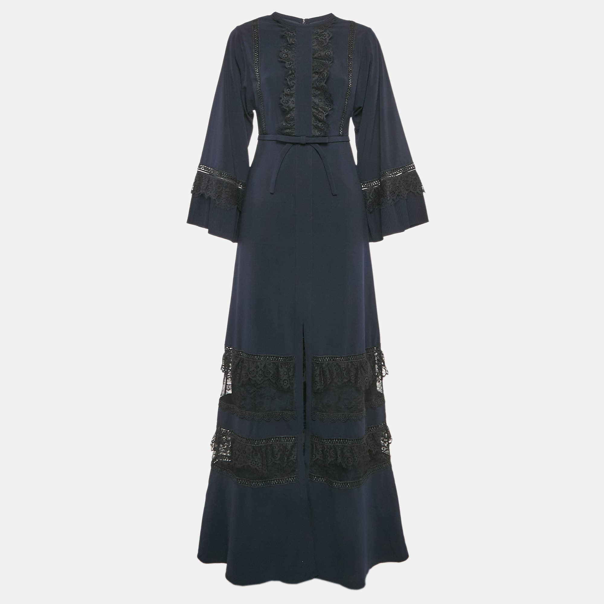 Pre Owned Self-Portrait Navy Blue Crepe Lace Trimmed Maxi Dress S