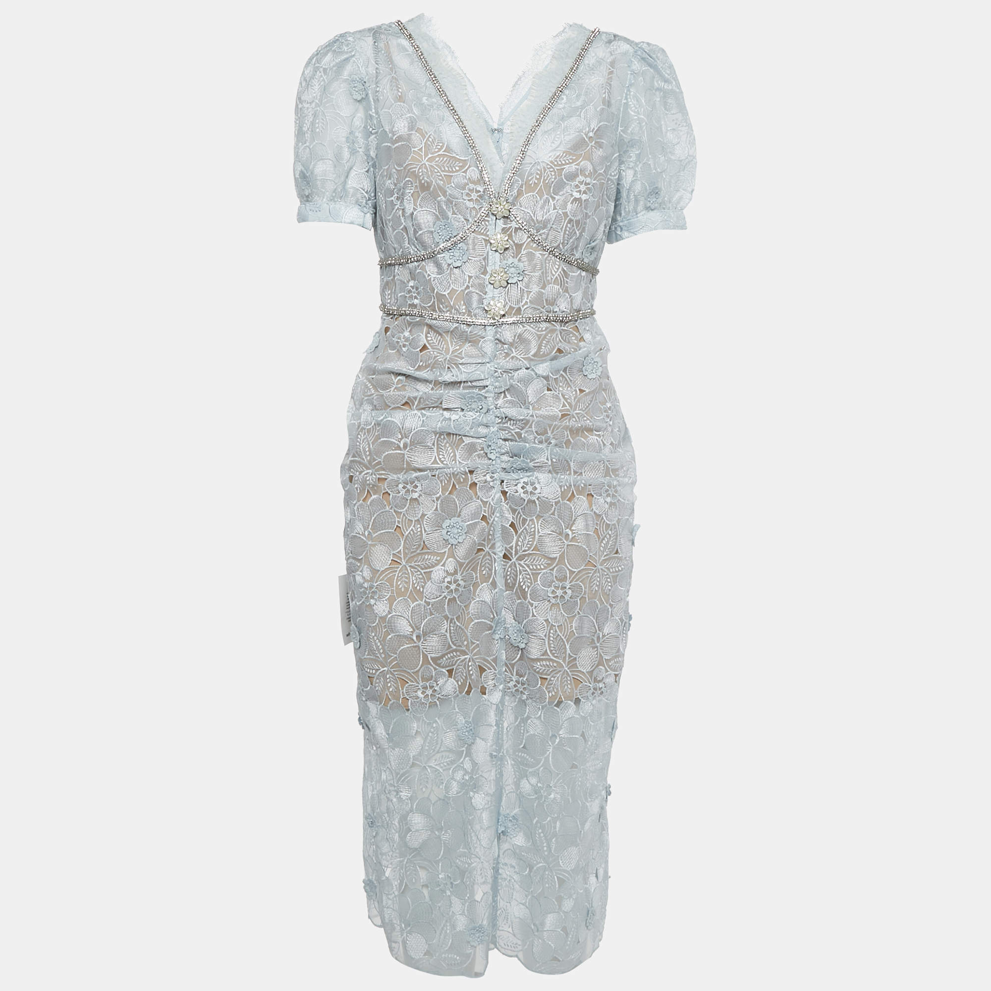 مملوكة مسبقًا Self-Portrait Blue Floral Organza Lace Studded Button Detail Midi Dress M