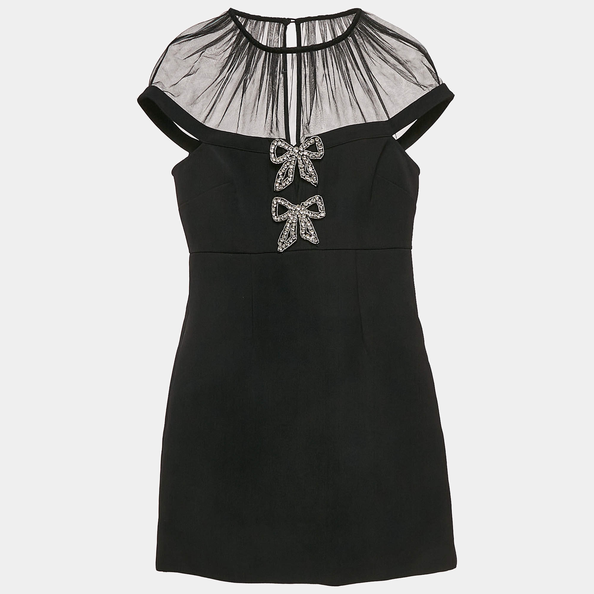 مملوكة مسبقًا Self-Portrait Black Bow Embellished Gabardine Crepe Mini Dress S