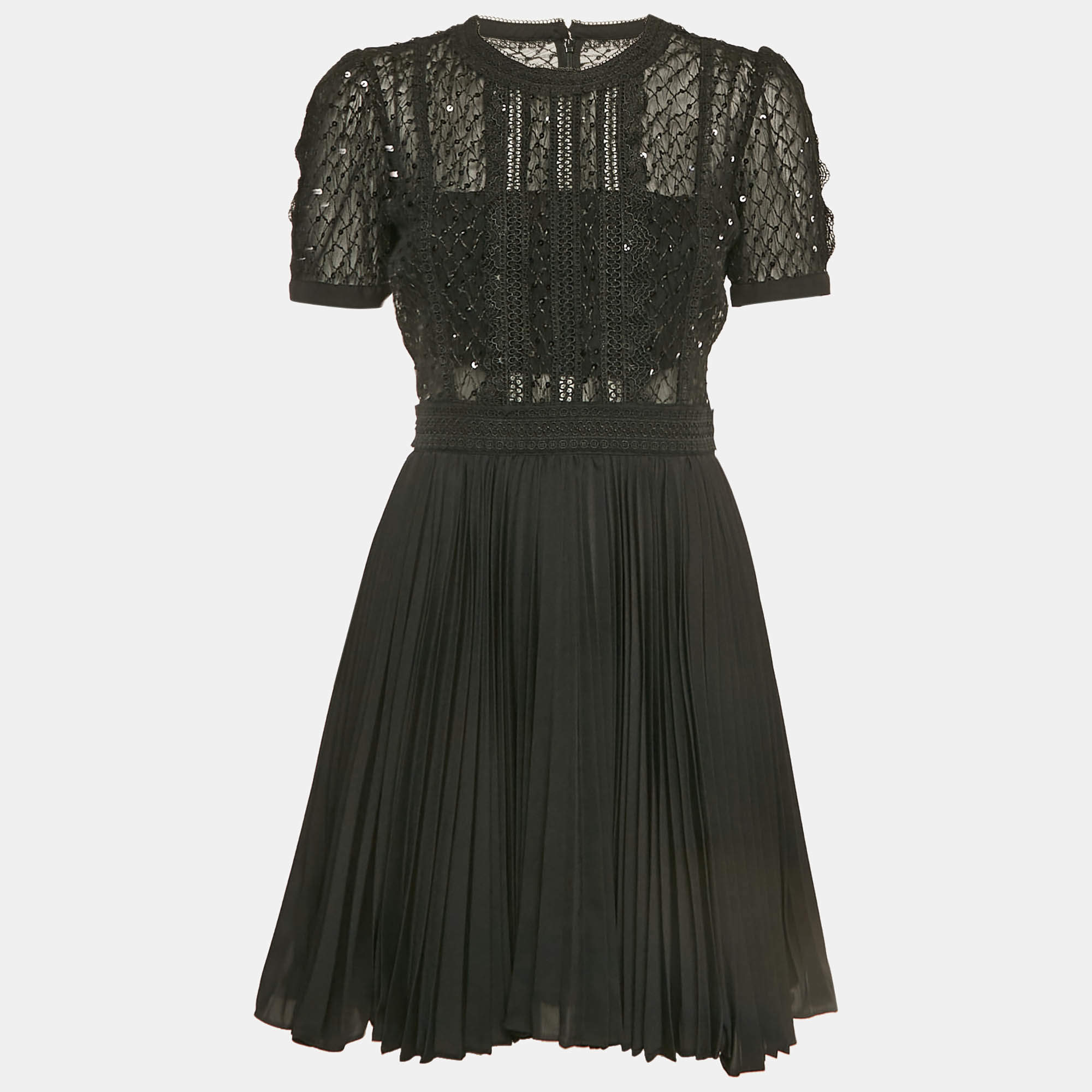 Self-Portrait Black Mesh Sequin Embellished Puff Sleeve Mini Dress S