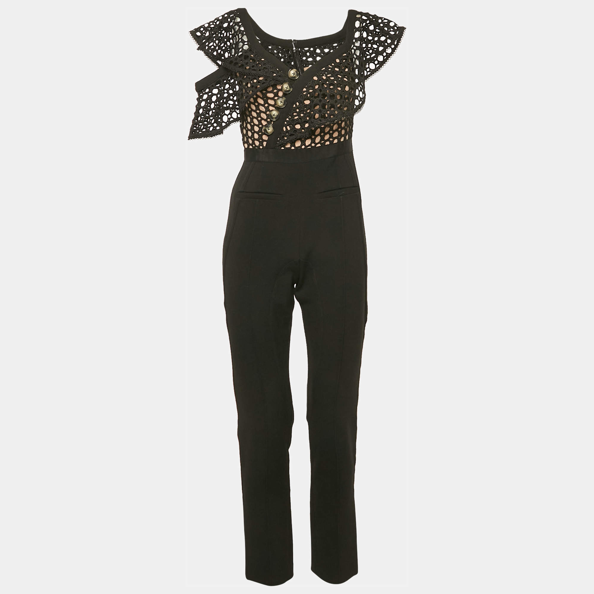 Self-Portrait Black Crepe and Lace Frill Asymmetric Jumpsuit S