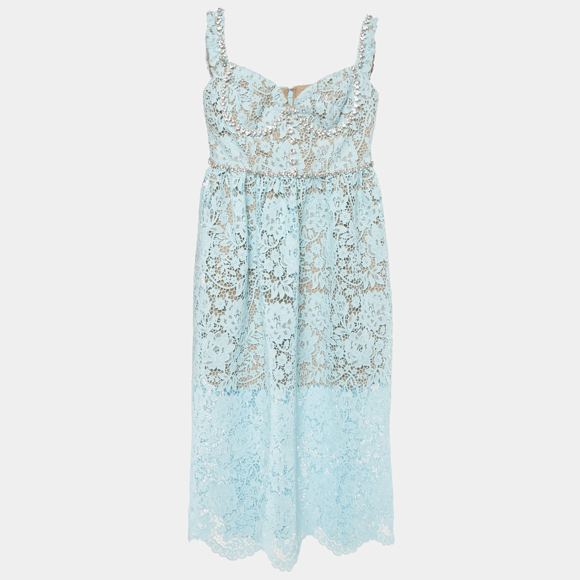 Pre Owned فستان ميدي سيلف بورتريه دانتيل كورد أزرق بدون أكمام مزين بالماس مقاس صغير