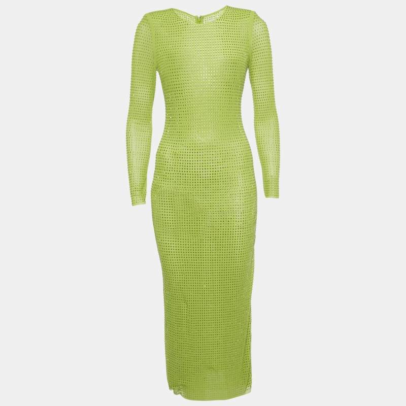 Pre Owned Self-Portrait Green Studded Mesh Long Sleeve Midi Dress S