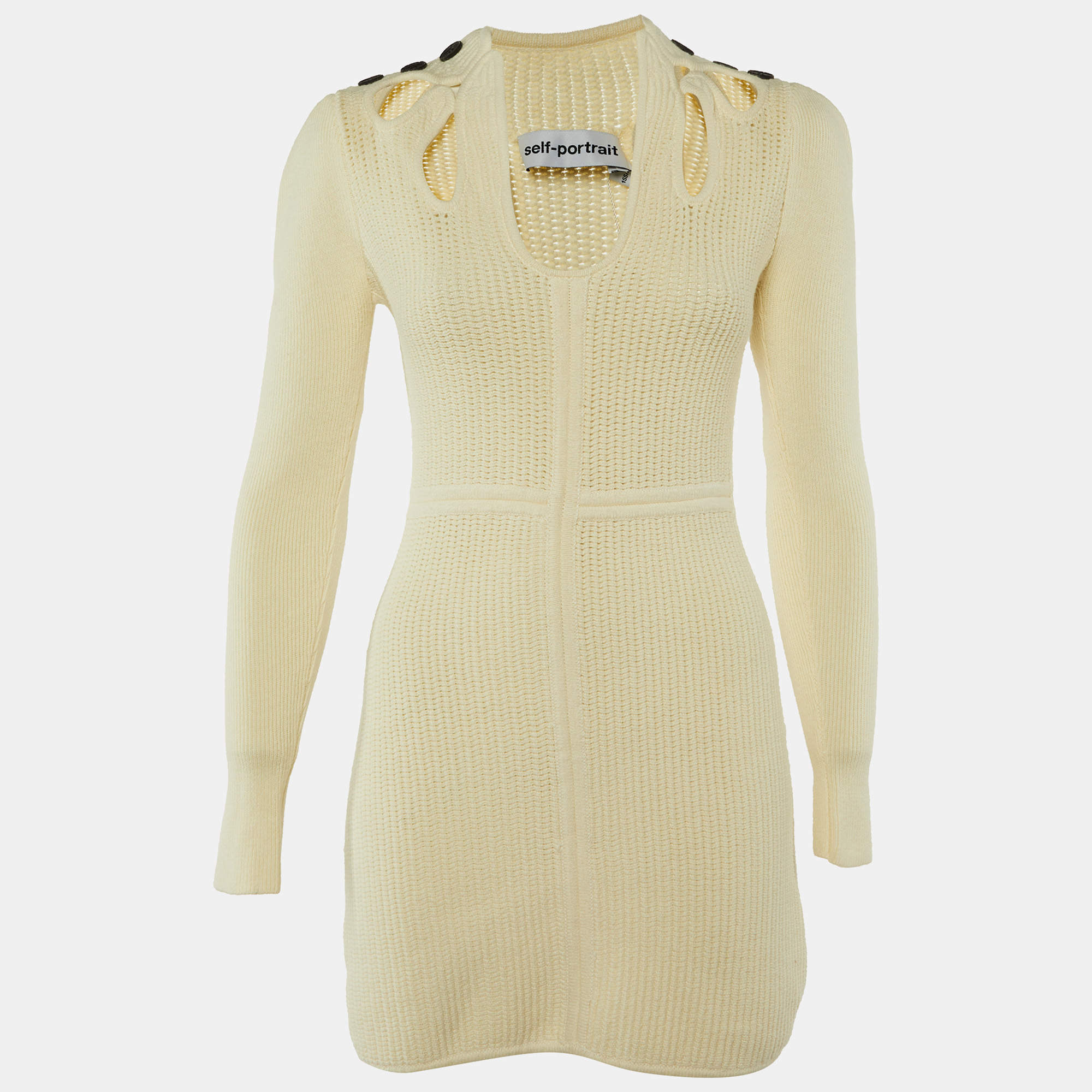 Pre Owned Self-Portrait Ivory Ribbed Knit Cut-Out Mini Dress S
