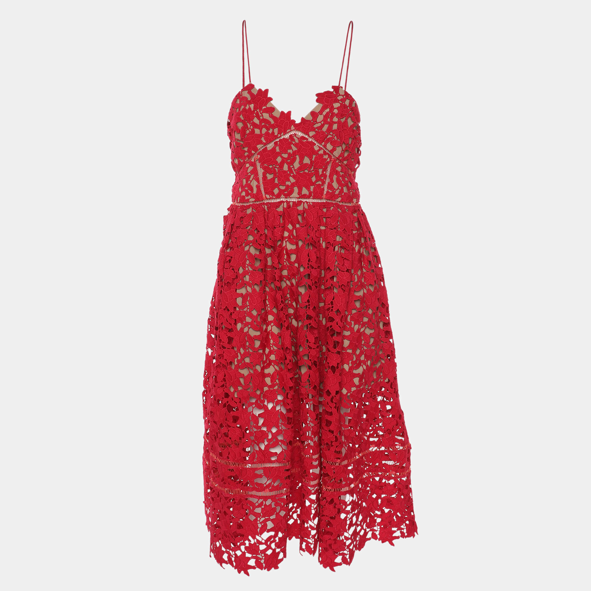 Pre Owned Self-Portrait Red Lace Azaelea Flared Midi Dress L