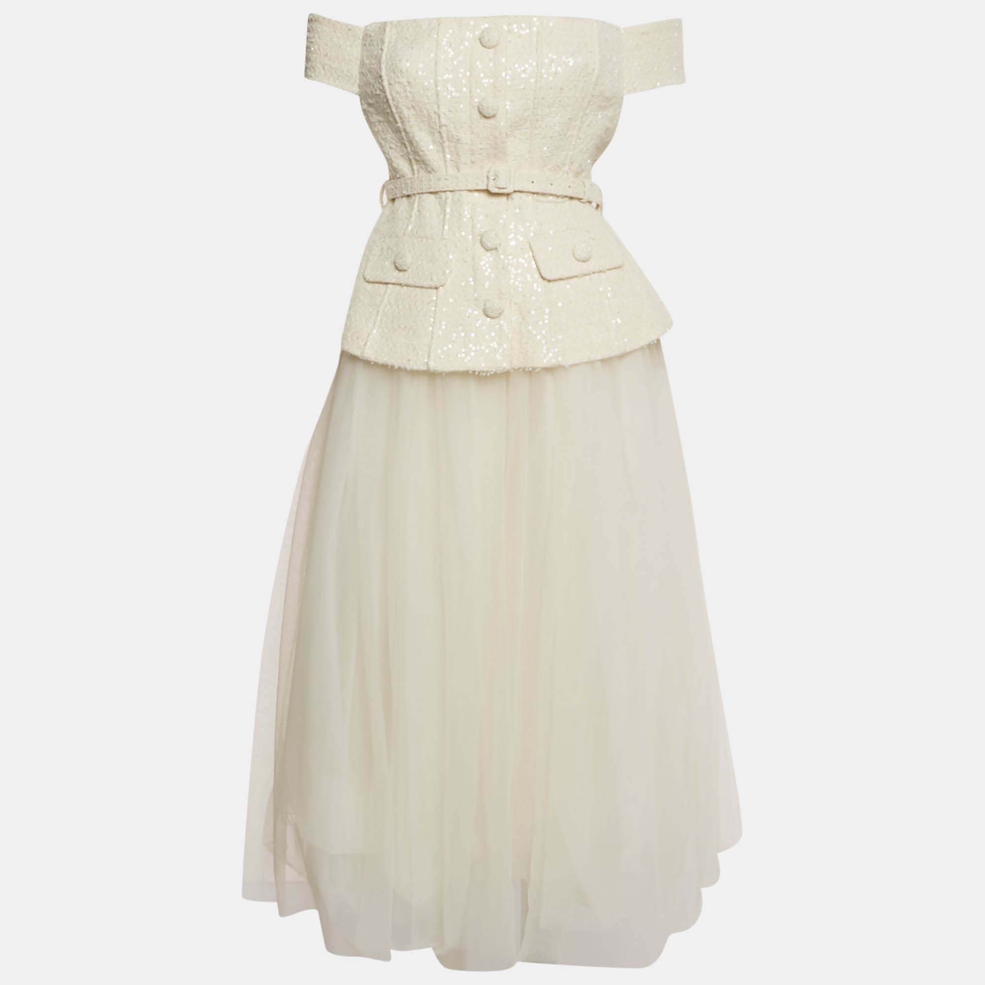 Pre Owned Self-Portrait Cream Boucle Sequin Embellished Tulle Midi Dress M