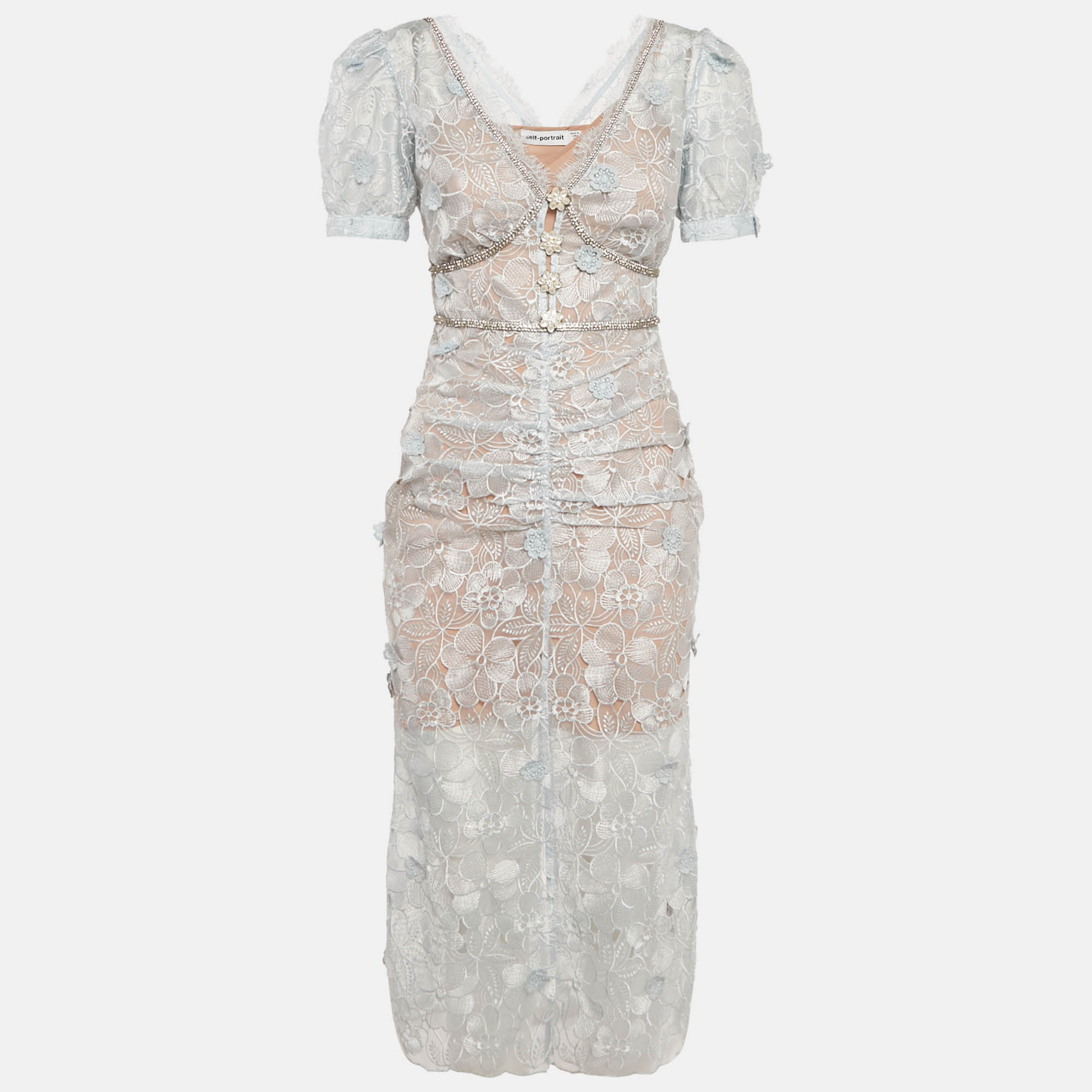 مملوكة مسبقًا Self-Portrait Sea Blue Lace Ruched Midi Dress S