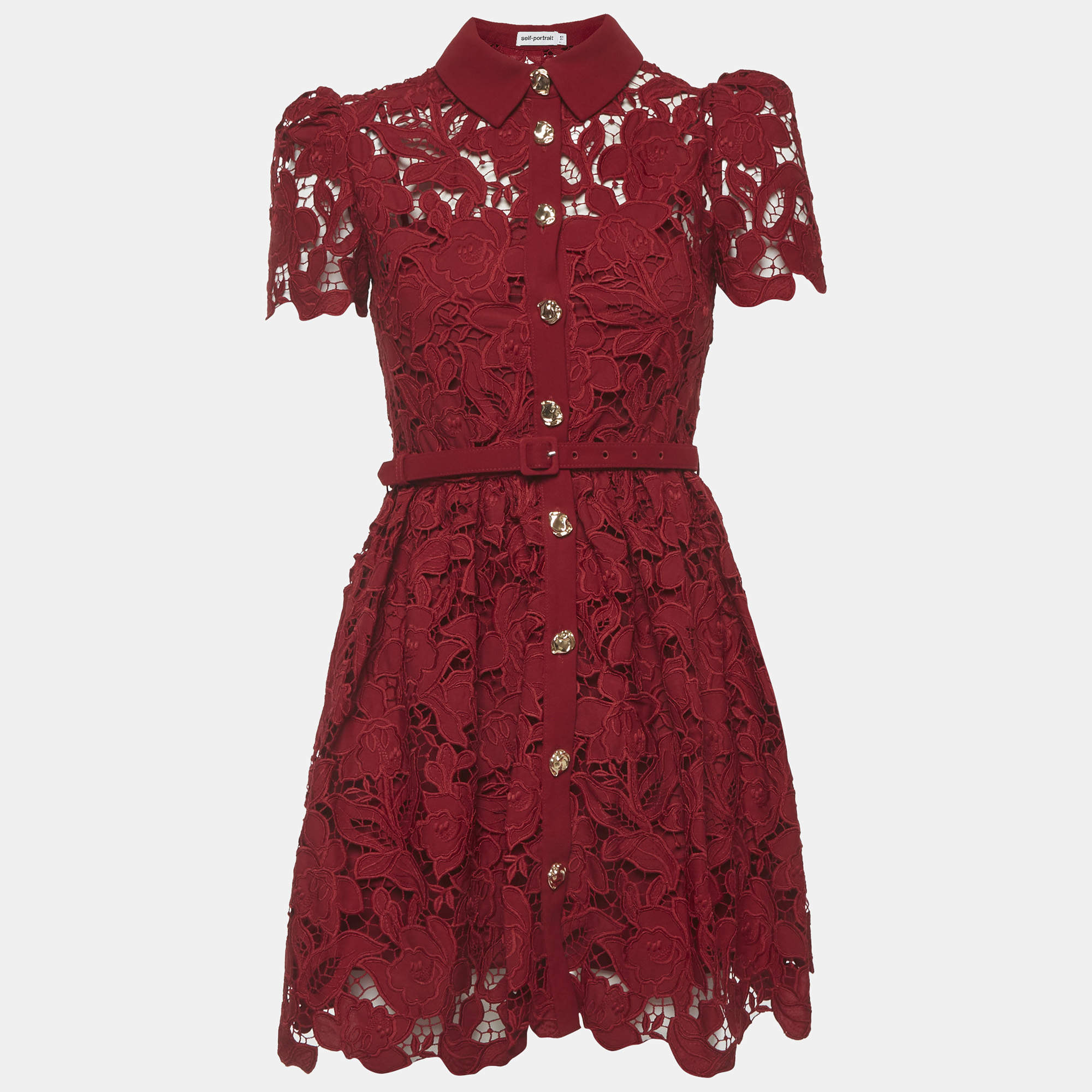 Pre Owned Self-Portrait Burgundy Floral Lace Mini Dress s