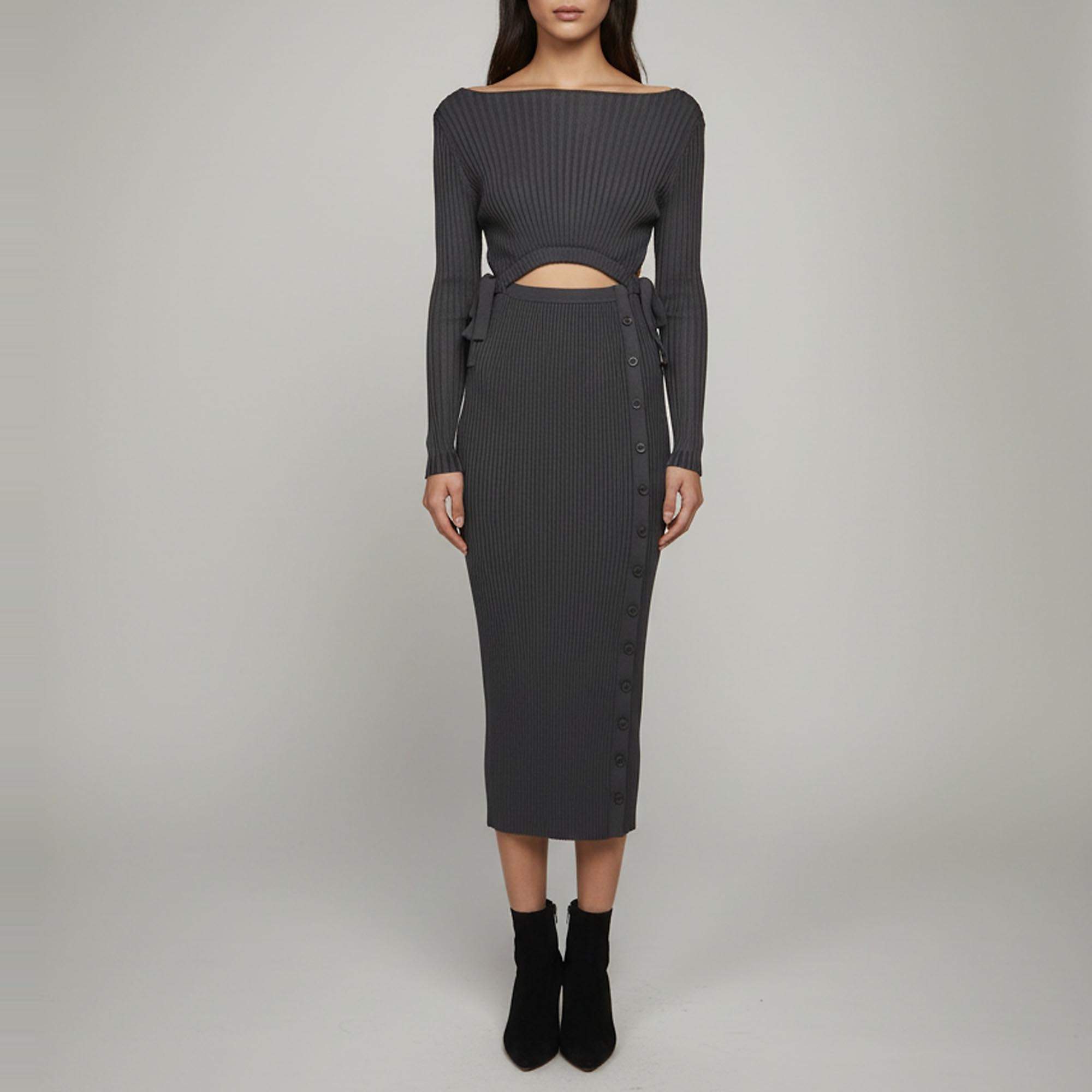 مملوكة مسبقًا Self-Portrait Slate Rib Knit Cut-Out Bodycon Midi Dress S