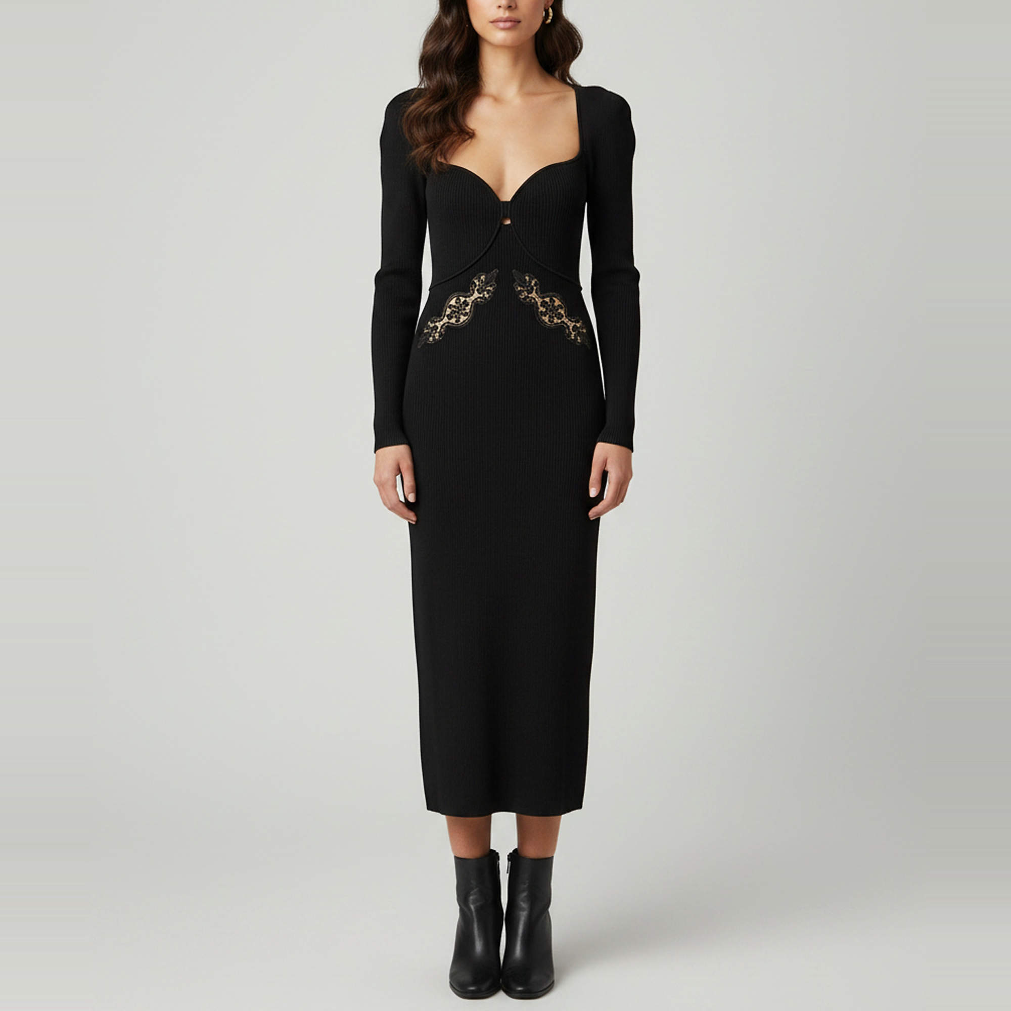 Pre Owned Self-Portrait Black Lace Applique Rib Knit Maxi Dress XL