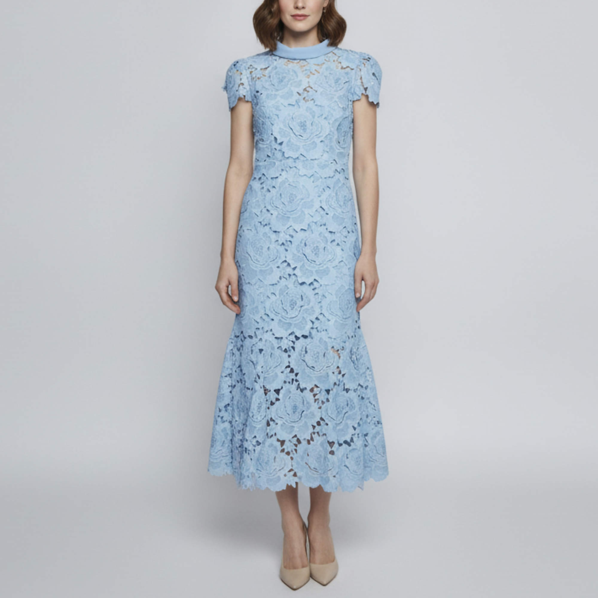 Pre Owned Self-Portrait Blue Flower Lace Contrast Collar Midi Dress M 