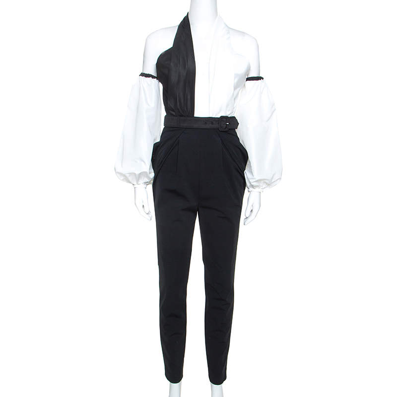 Pre Owned Self Portrait Monochrome Cross Front Halterneck Jumpsuit S