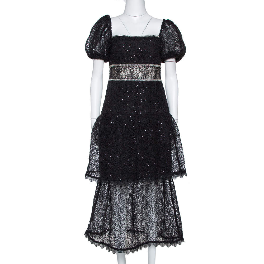 فستان سيلف بورتريت متوسط الطول دانتيل دوائر و ترتر أسود مقاس وسط (ميديوم)