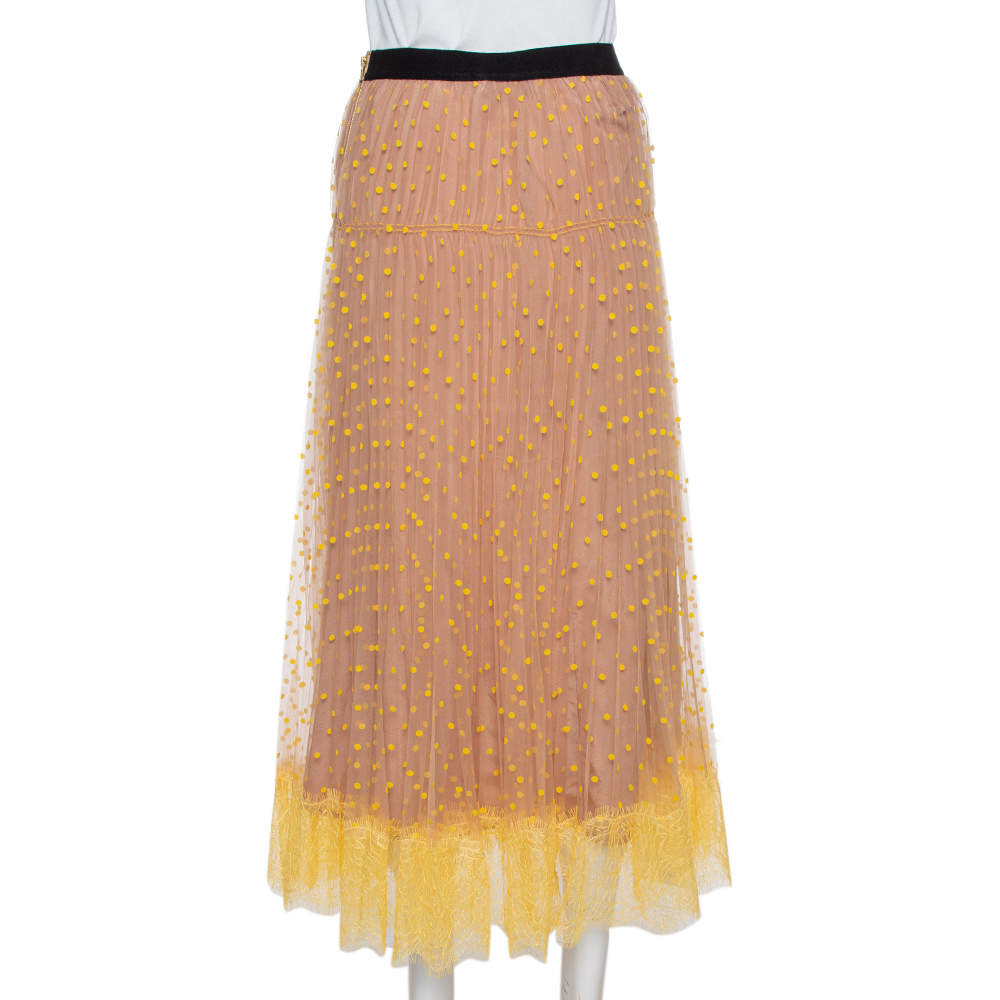 Pre Owned Self Portrait Yellow & Beige Tulle Polka Dot Midi Skirt S