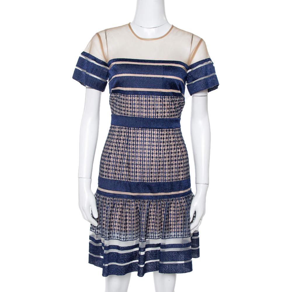 Self Portrait Navy Blue Striped Mesh Peplum Dress S