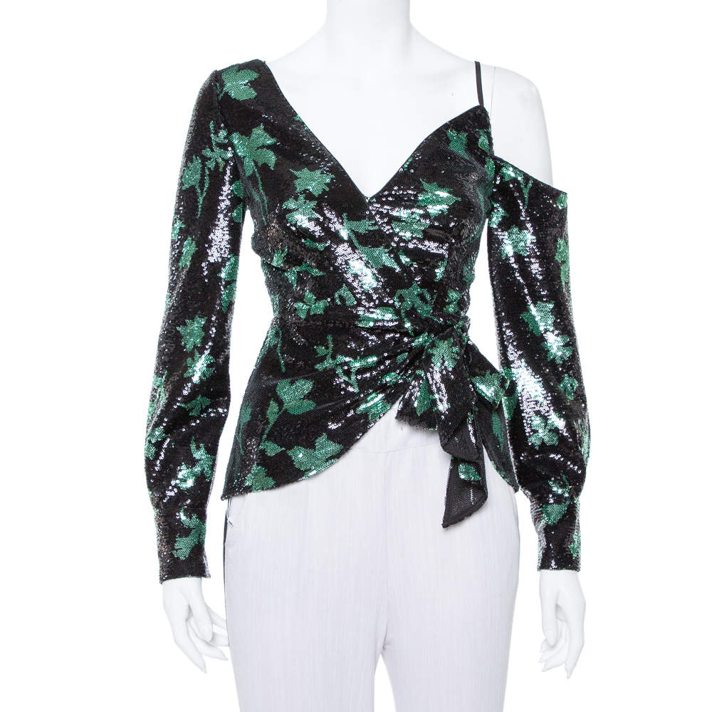 Self Portrait Black Leaf Sequin Wrap Top S