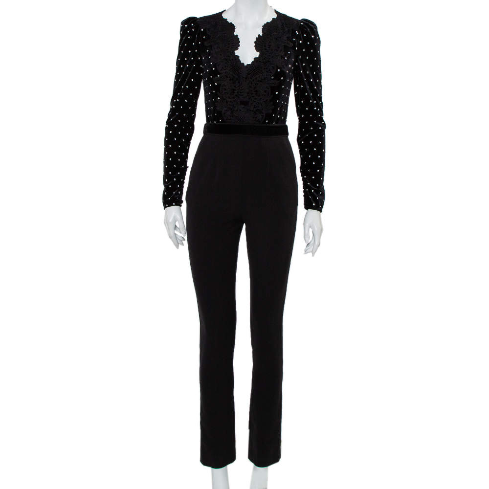 Pre Owned Self-Portrait Black Velvet & Crepe Stone Embellished Paneled Jumpsuit S