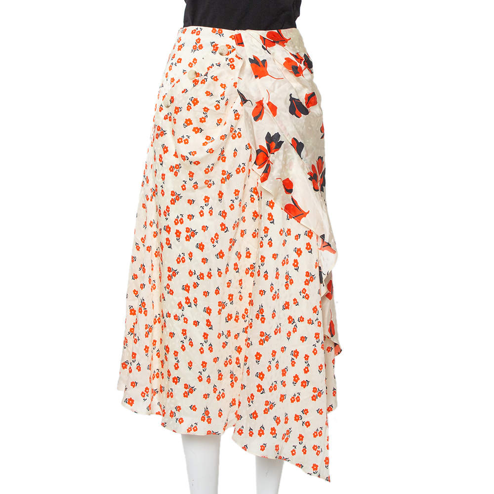 Pre Owned Self-Portrait Cream Floral Printed Satin Asymmetric Skirt M