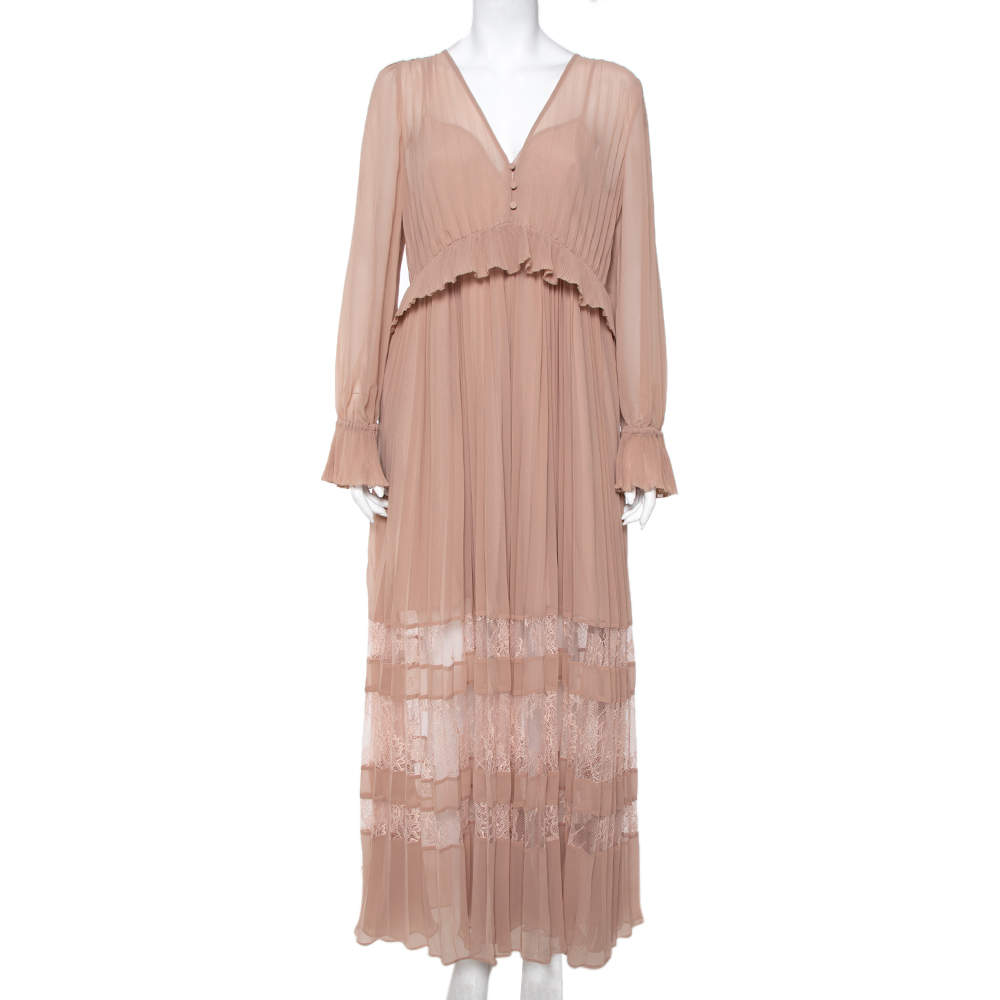 Self Portrait Nude Pink Chiffon Pleated  Lace Trim Detail Maxi Dress M