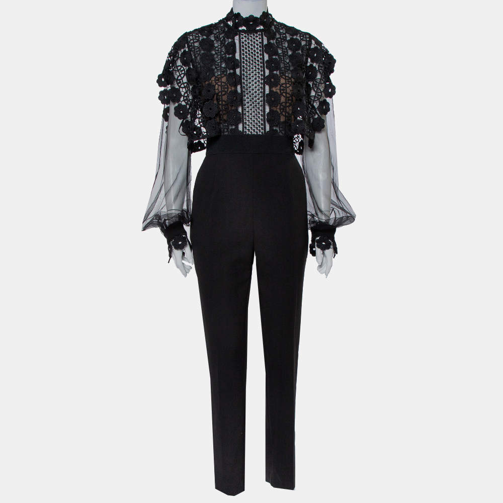 Pre Owned Self Portrait Black Lace & Crepe Balloon Sleeve Detail Jumpsuit L