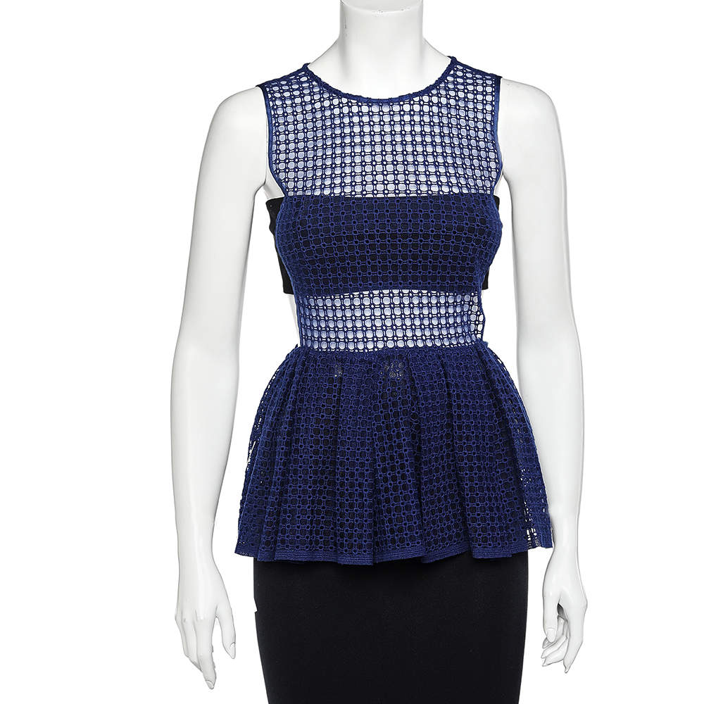 Pre Owned Self-Portrait Navy Blue Guipure Lace Sculpted Peplum Top S