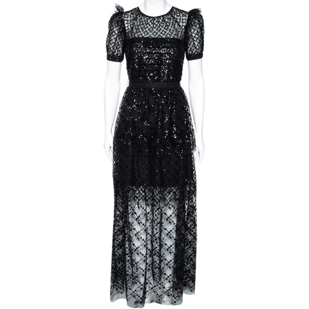 Pre Owned Self-Portrait Black Sequin Embellished Tulle Tiered Gown S