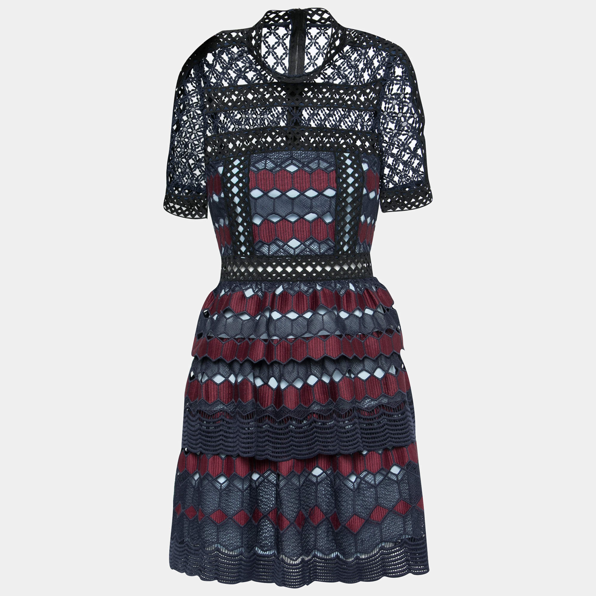 Self-Portrait Navy Blue Burgundy Guipure Lace Tiered Mini Dress S