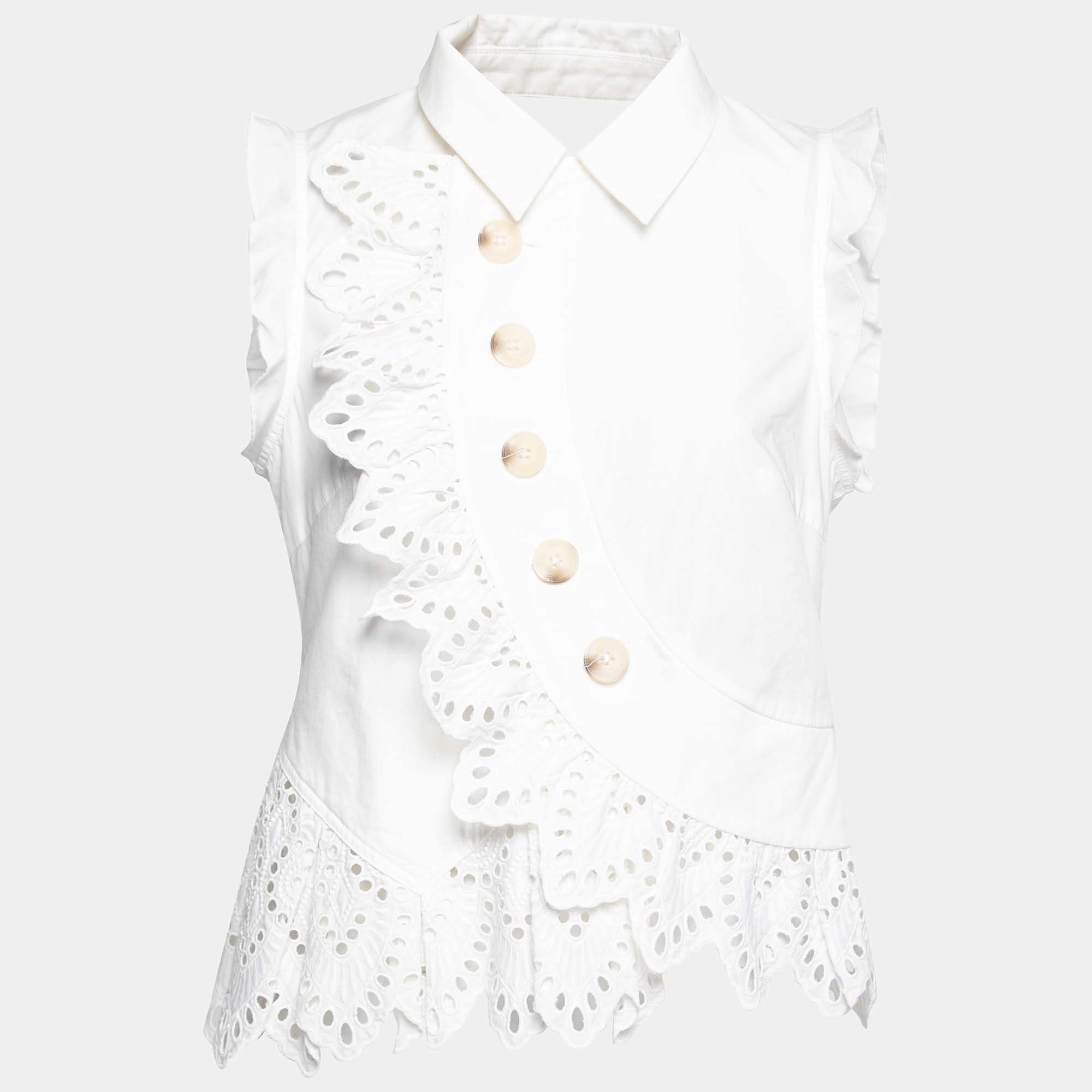 Pre Owned Self-Portrait White Eyelet Trimmed Cotton Button Front Top M
