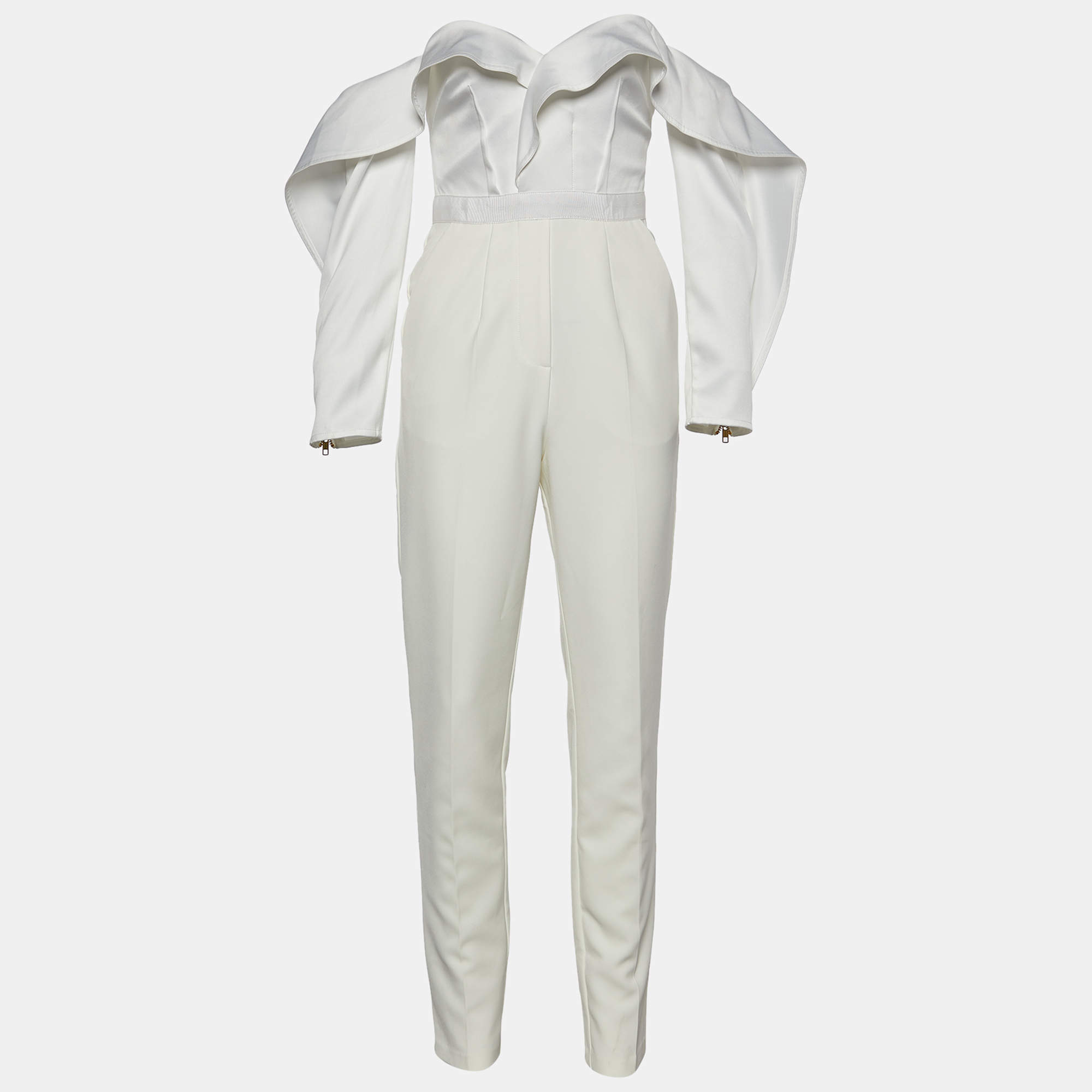Pre Owned Self-Portrait Ivory Satin Ruffled Off-Shoulder Jumpsuit S
