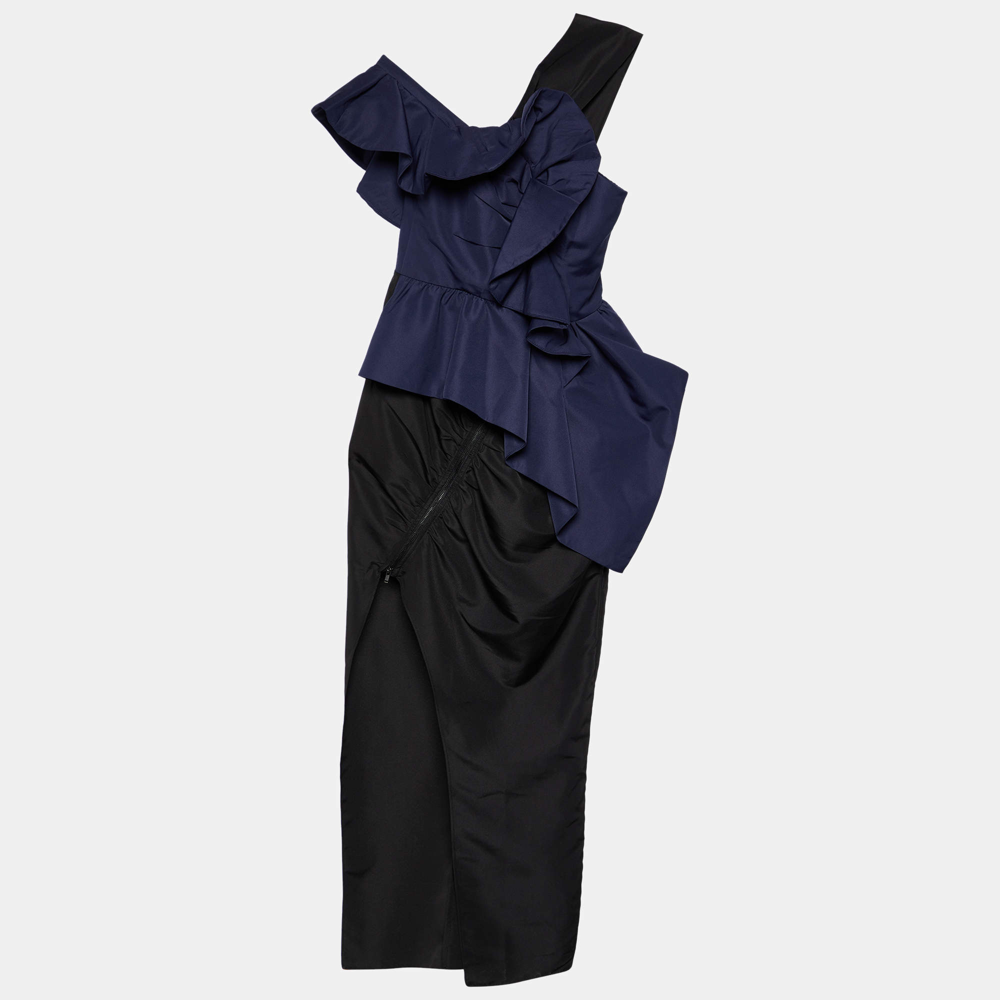 Self-Portrait Navy Blue Sateen Ruffled Asymmetric Midi Dress XS