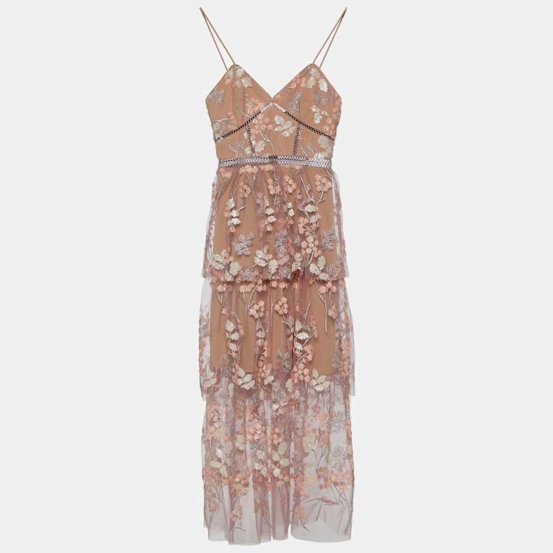 Pre Owned Self-Portrait Pink Tulle Floral Embellished Midi Dress XS