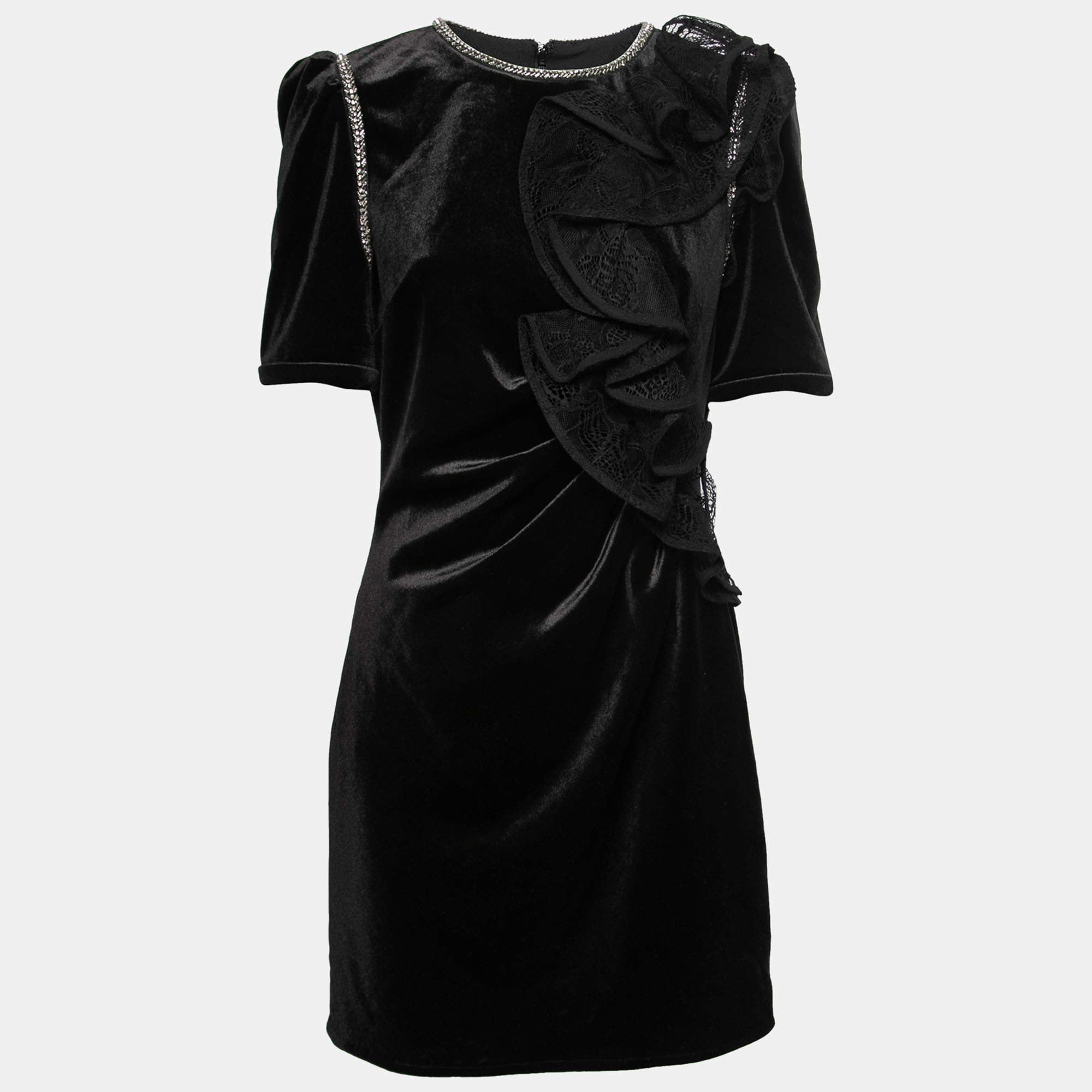 Pre Owned Self-Portrait Black Velvet Embellished Ruffle Detail Midi Dress M