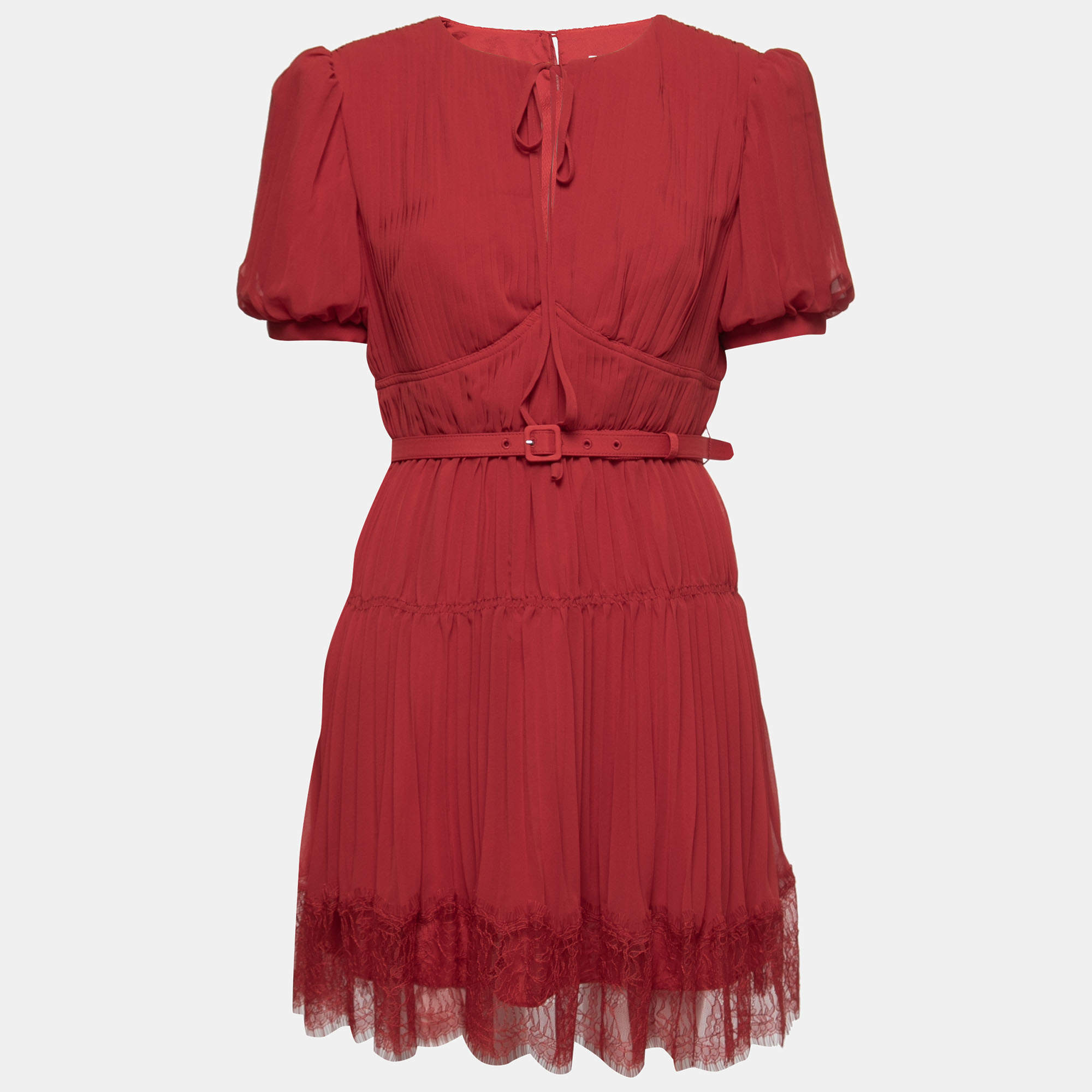Self-Portrait Red Chiffon Pleated Belted Mini Dress M