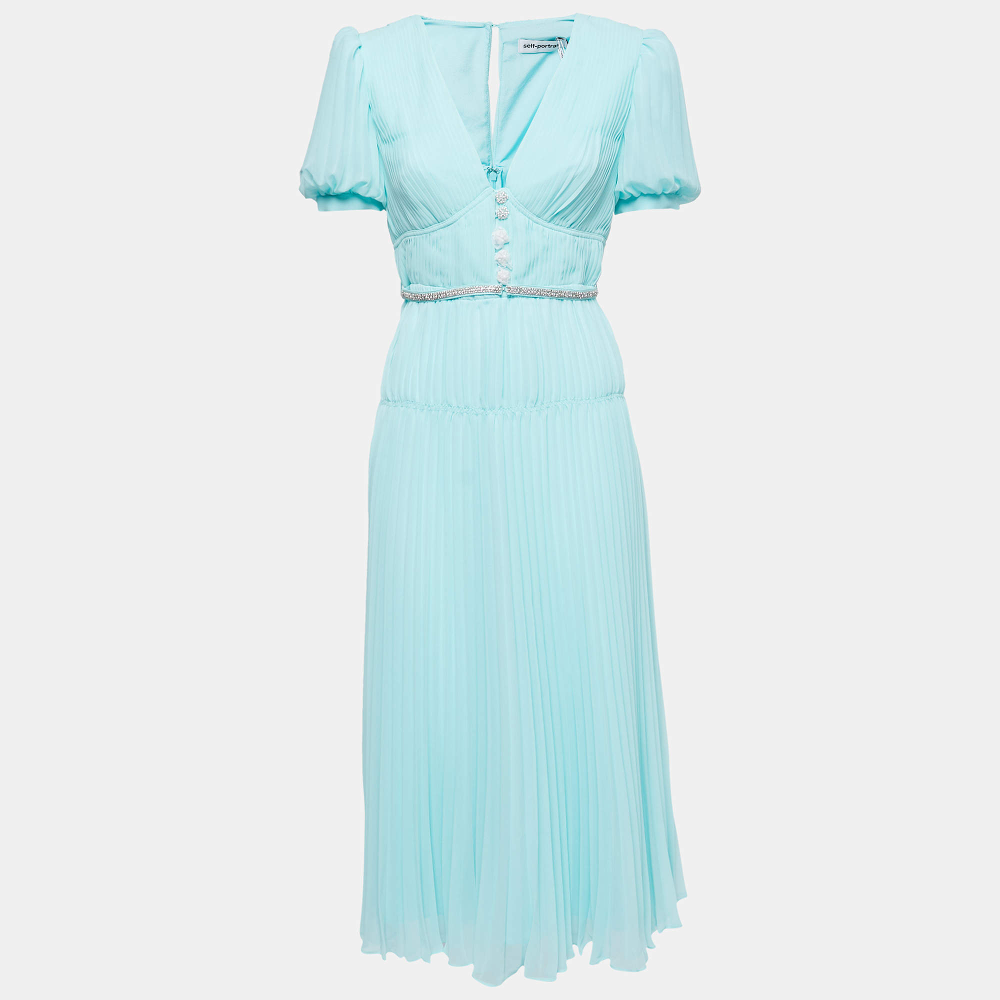 Pre Owned Self-Portrait Blue Pleated Chiffon Diamante Button Midi Dress S