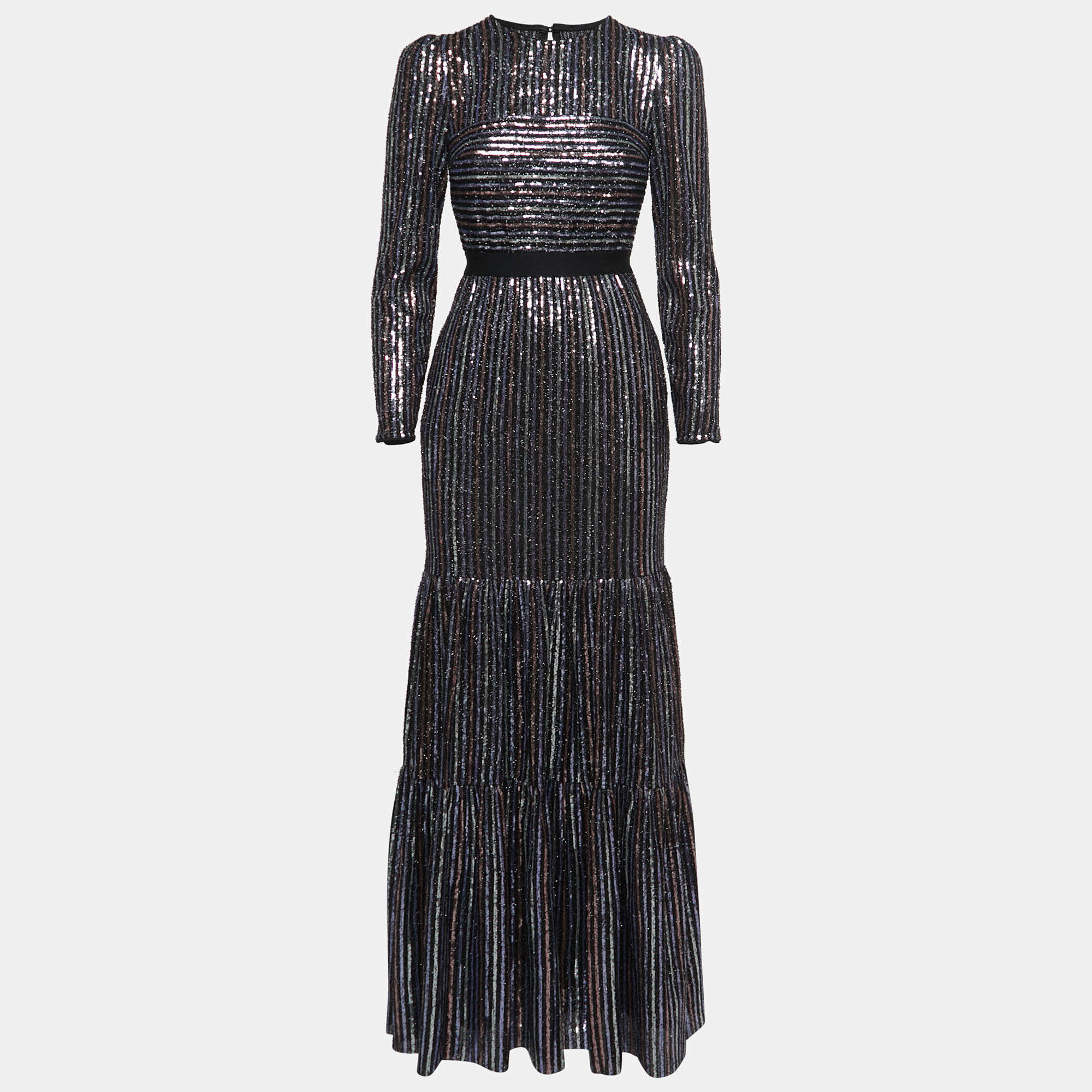 Pre Owned Self-Portrait Black Sequined Tiered Maxi Dress S