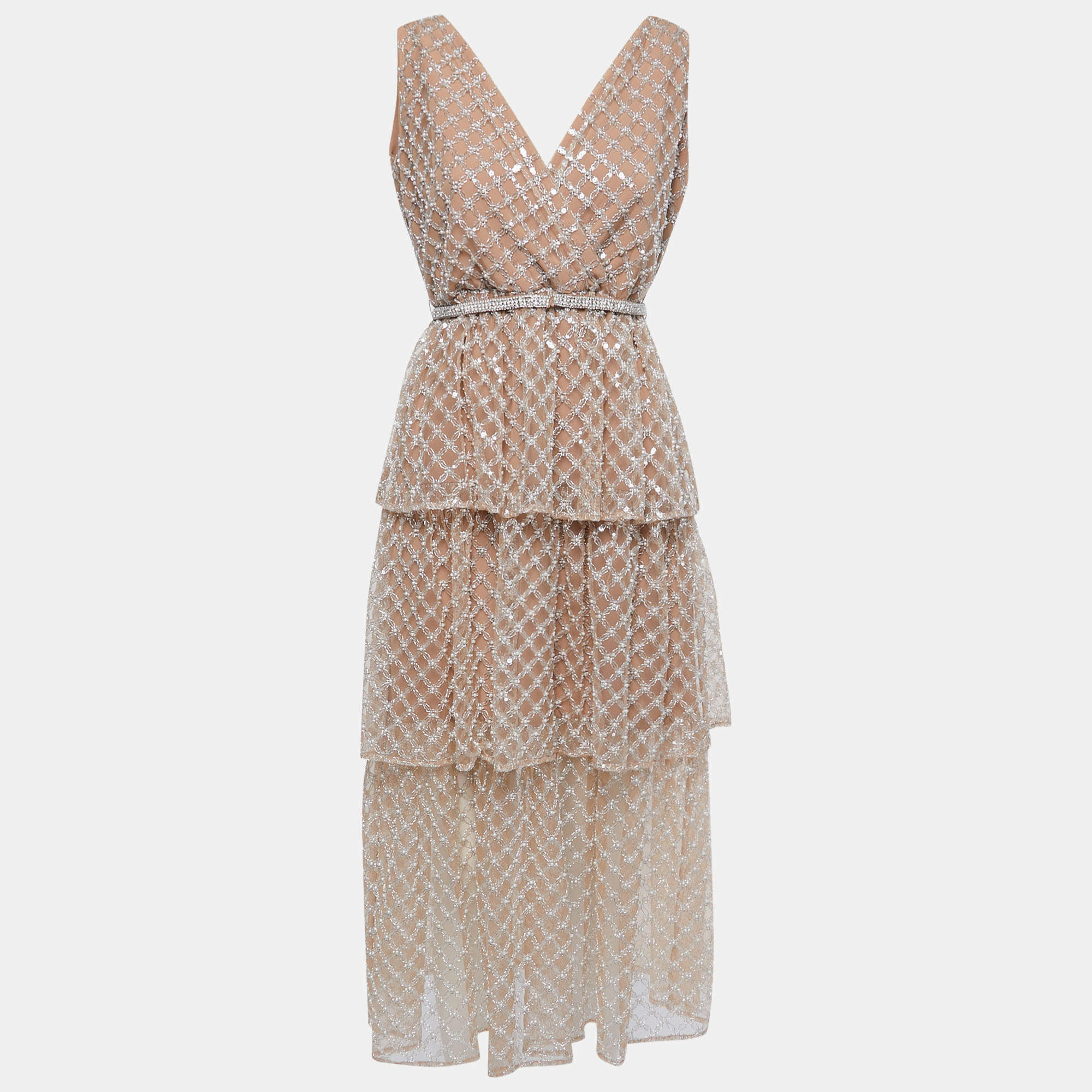 Self-Portrait Tan Sequin Tiered Sleeveless Midi Dress M