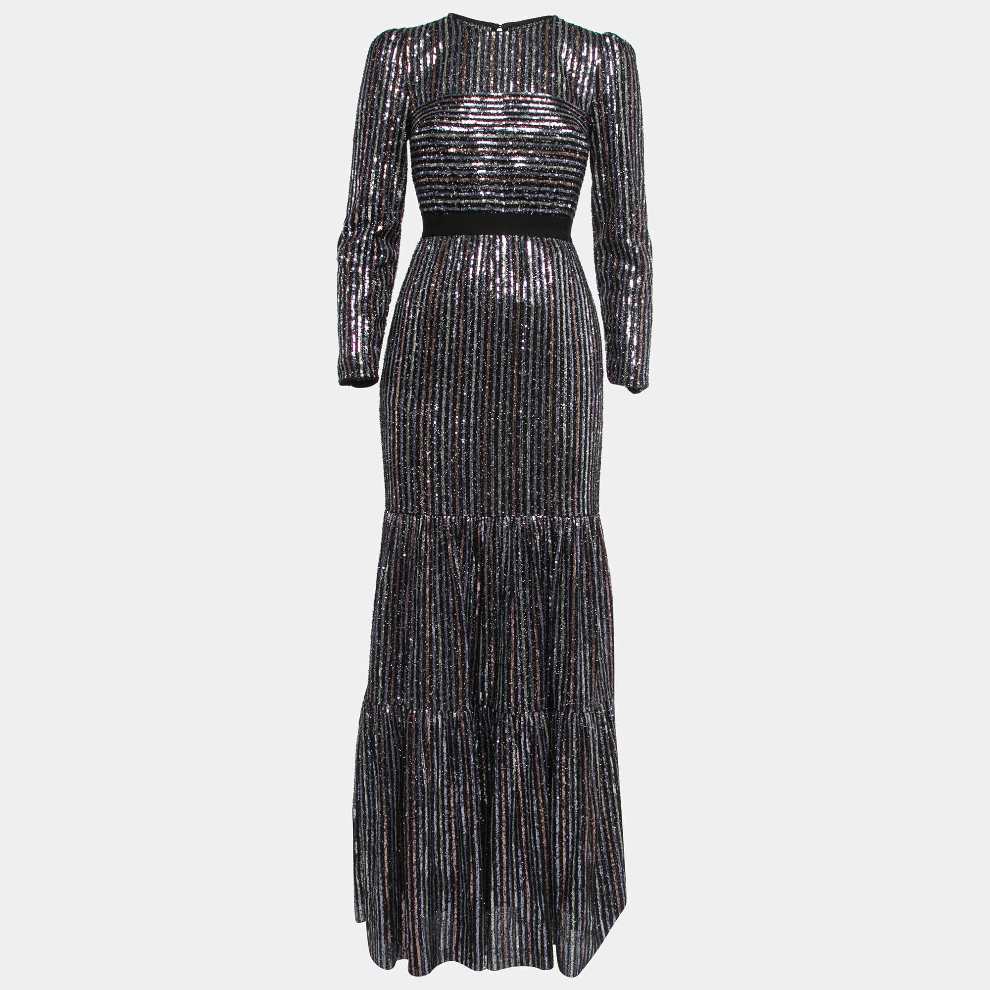 Pre Owned Self-Portrait Black Sequined Tiered Maxi Dress S