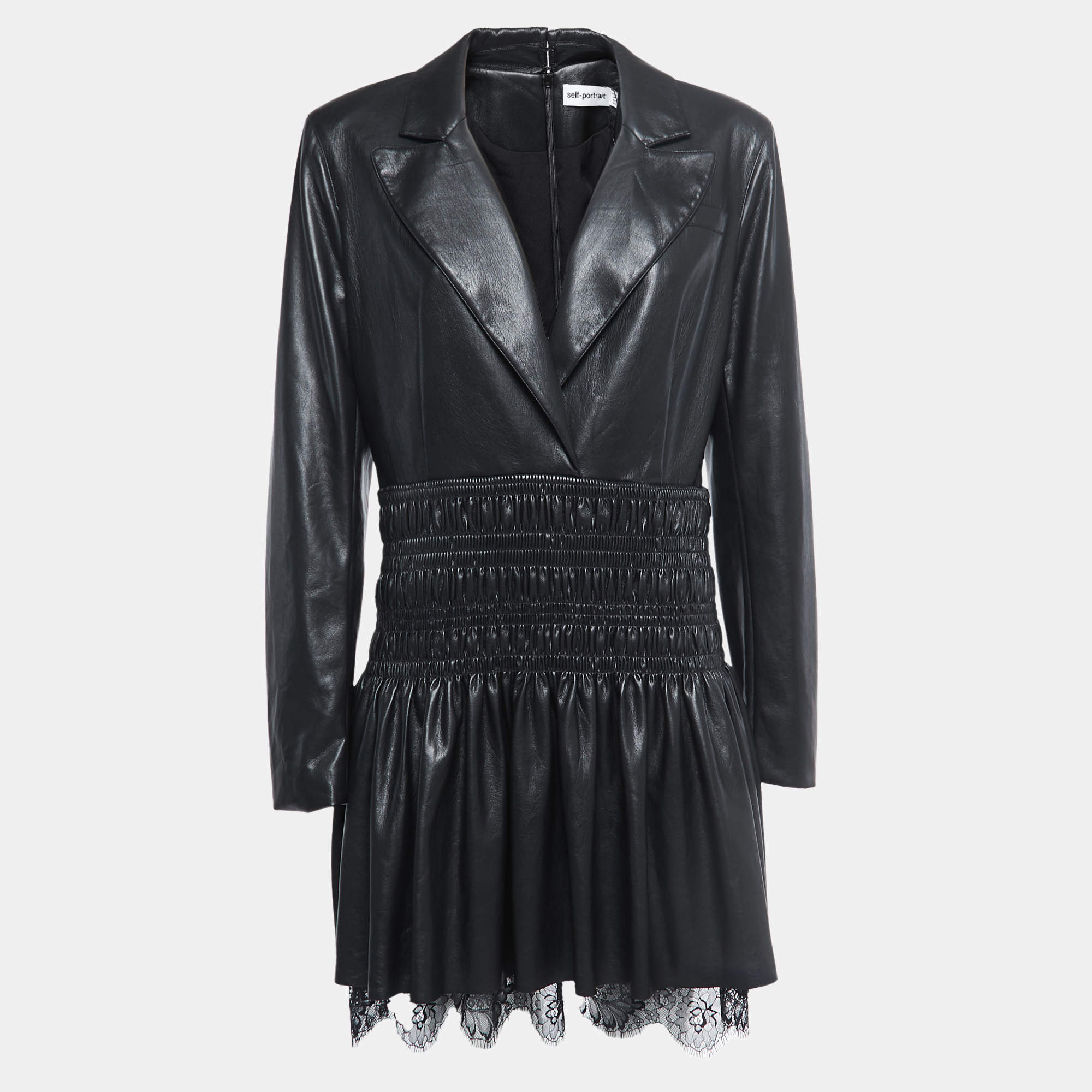 Pre Owned Self-Portrait Black Faux Leather Blazer Ruched Waist Mini Dress M