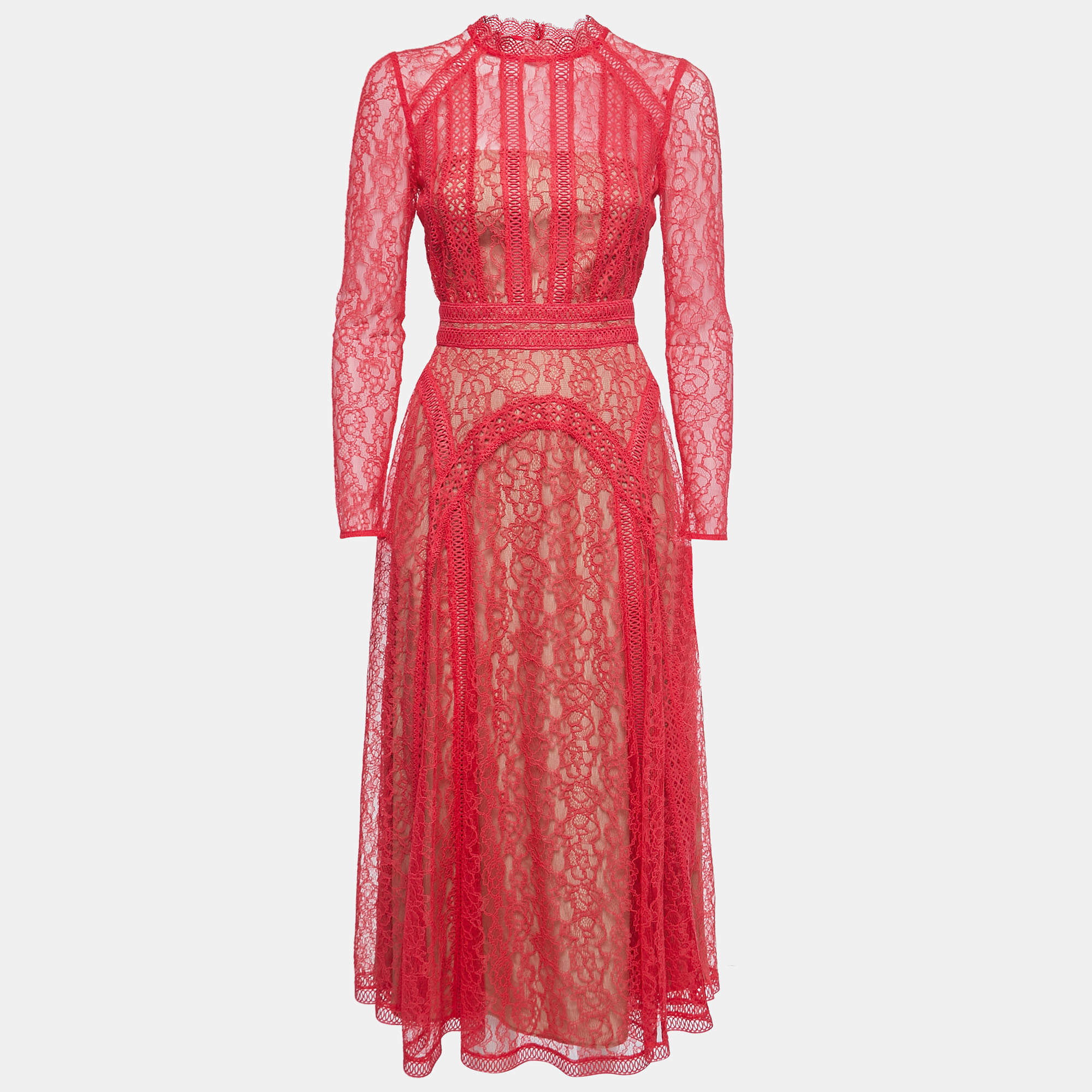 Pre Owned Self-Portrait Hot Pink Lace Panel Midi Dress S