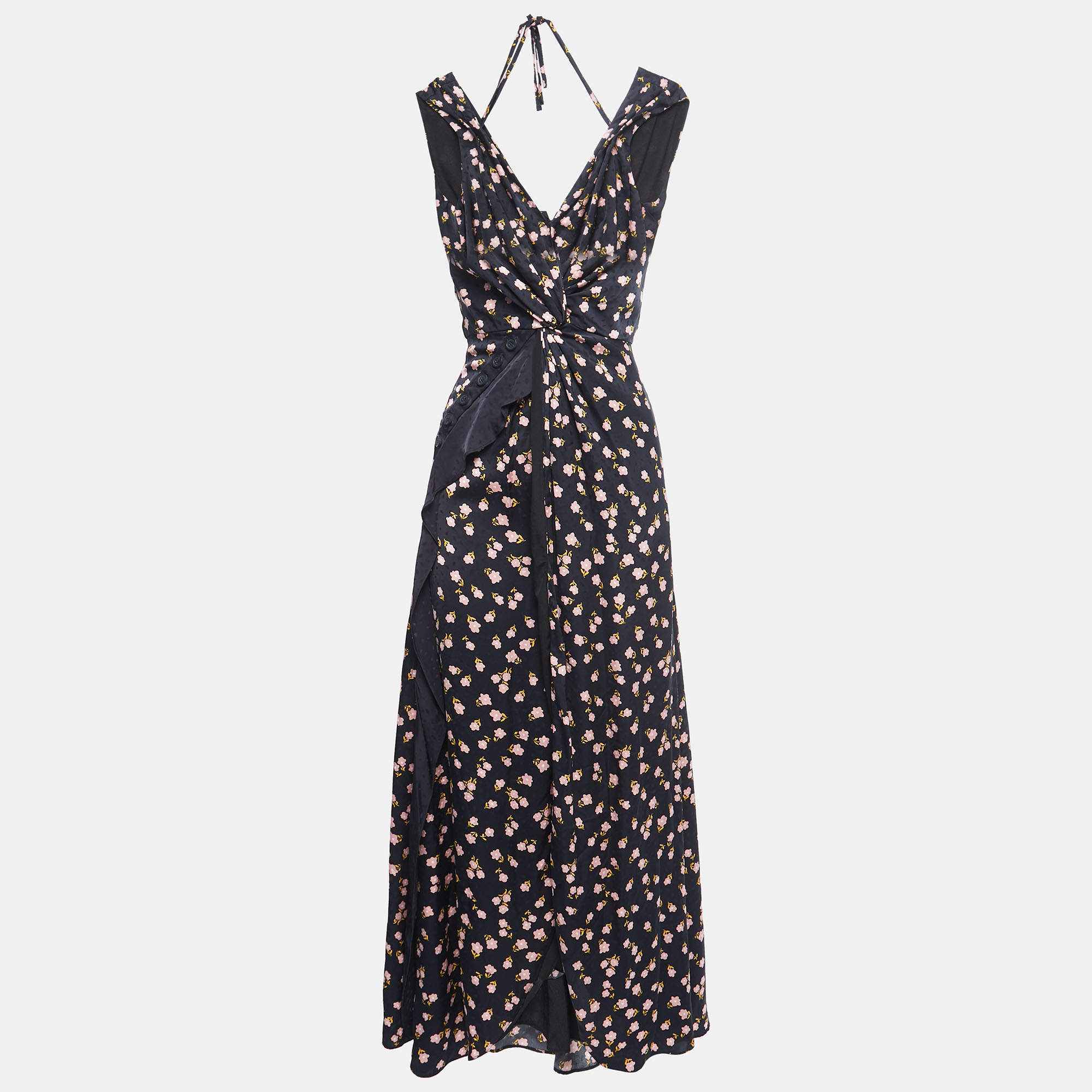 Self-Portrait Black Floral Print Crepe Draped Sleeveless Maxi Dress S