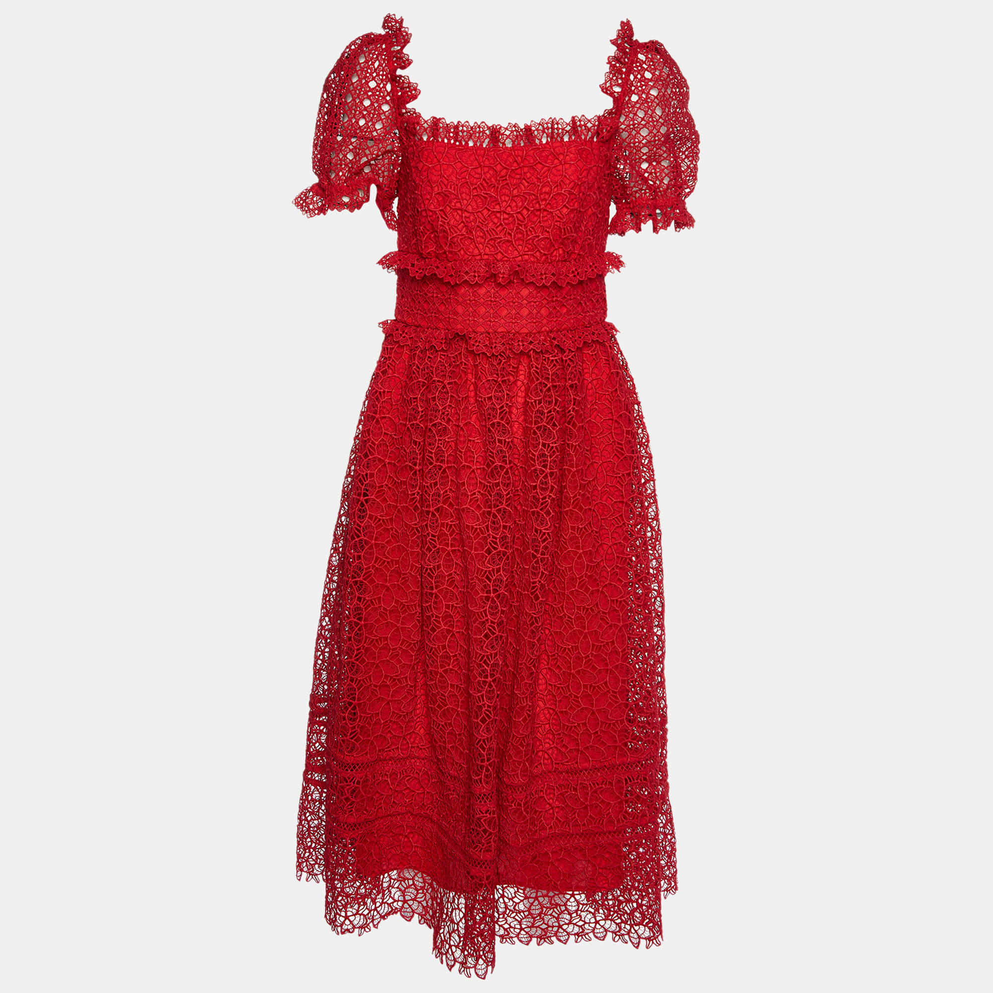 Pre Owned Self Portrait Red Hibiscus Guipure Lace Short Sleeve Dress S