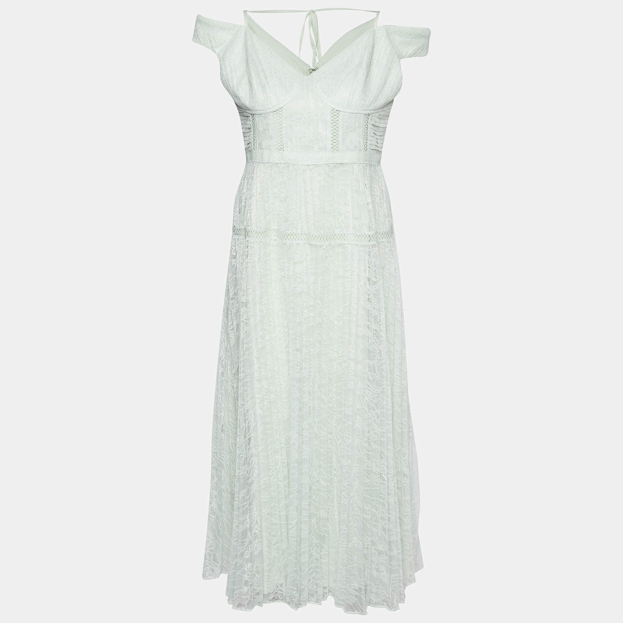 Pre Owned Self-Portrait Mint Green Lace Off Shoulder Midi Dress L