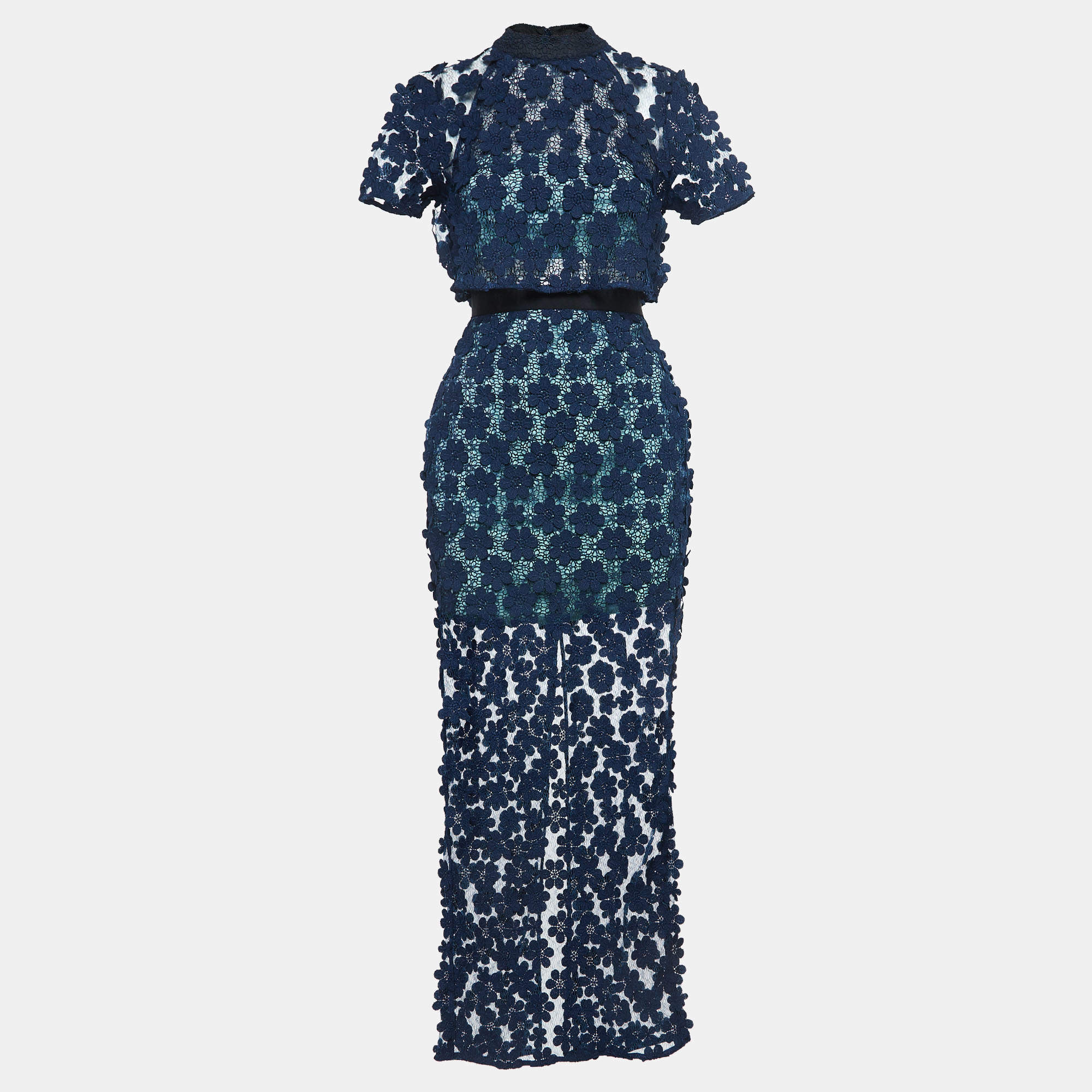 Pre Owned Self-Portrait Navy Blue Floral Lace 60's Overlay Maxi Dress S