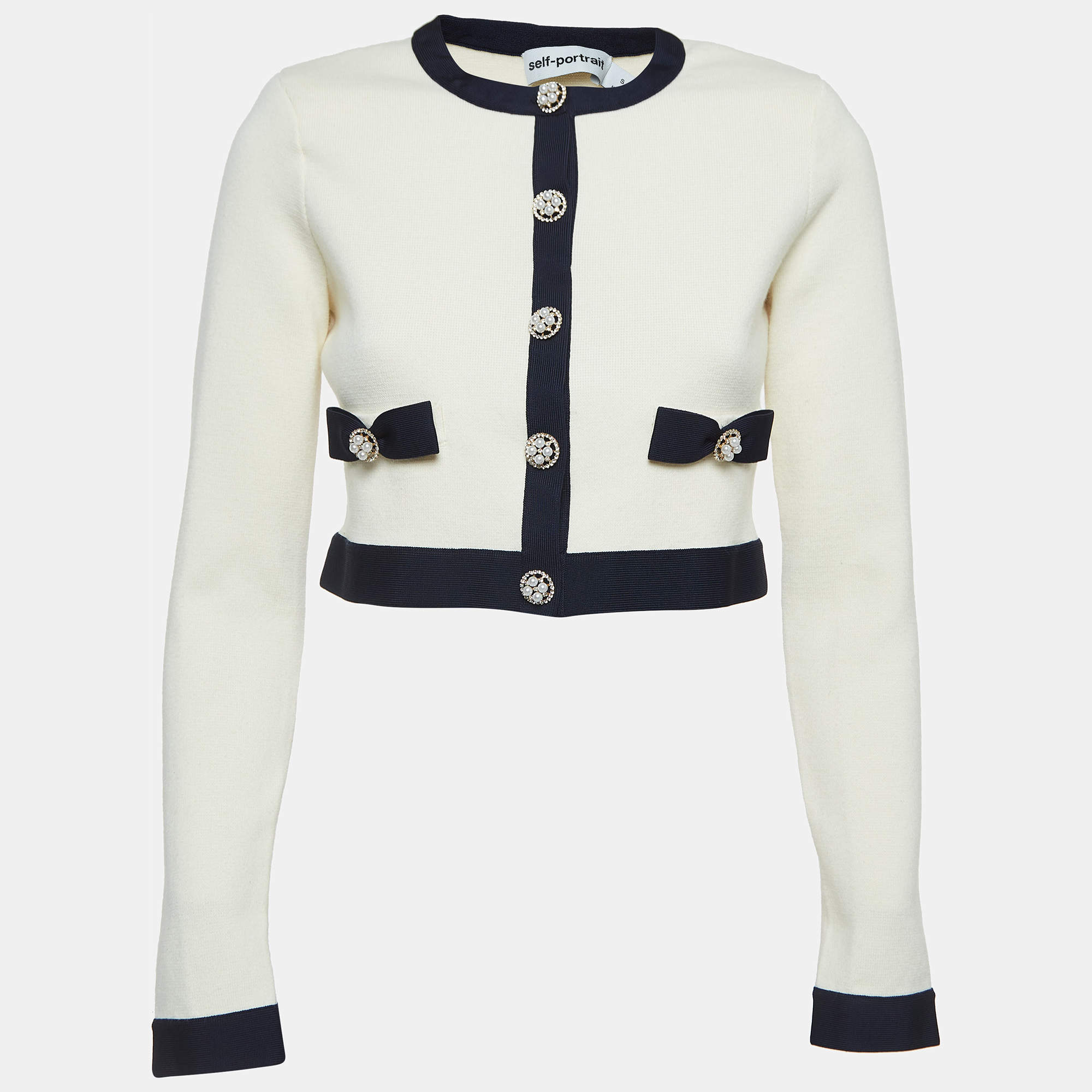 Self-Portrait Cream Knit Bow Detail Cardigan S