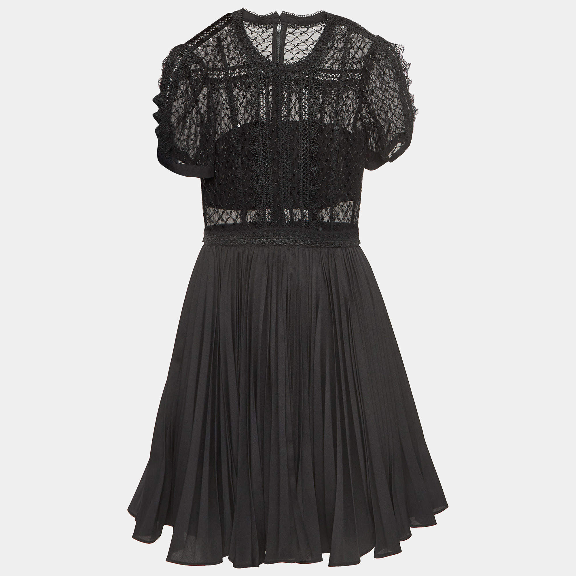 Pre Owned Self-Portrait Black Embellished Mesh & Crepe Pleated Mini Dress S